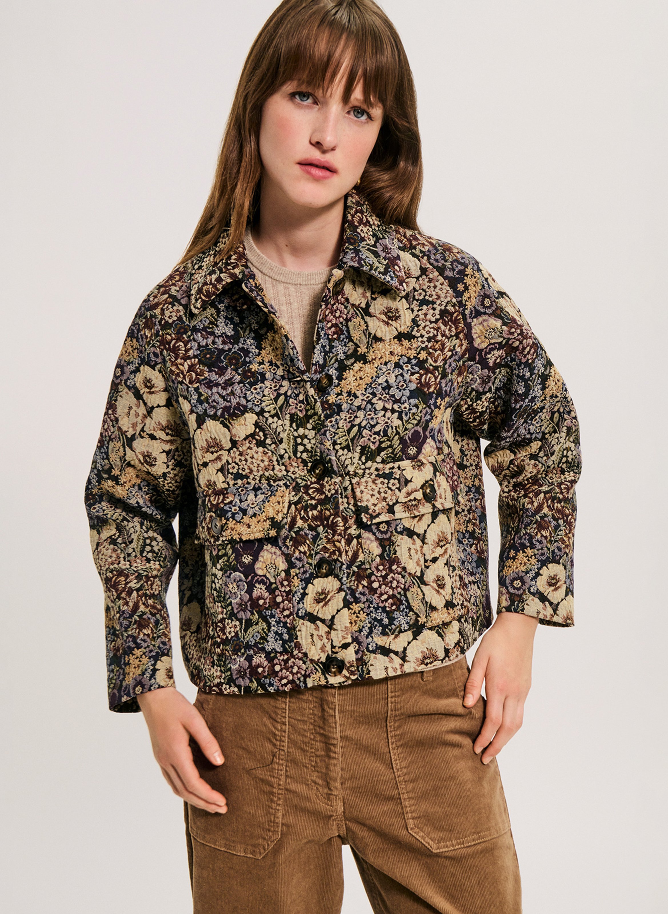Veste col classique motif de fleurs en jacquard PABLO Noir