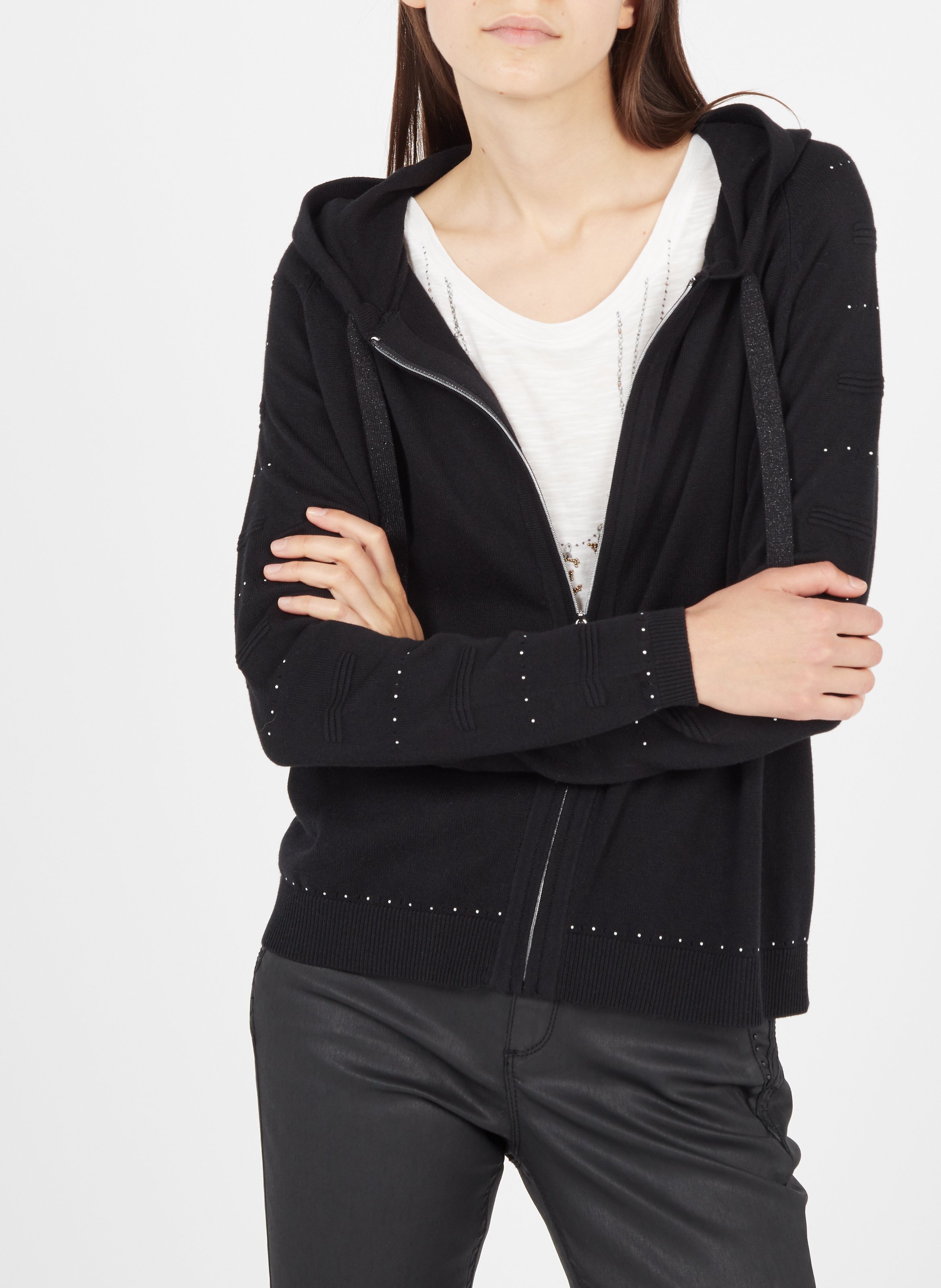 Zip-up cotton-blend cardigan with hood ONE STEP Black