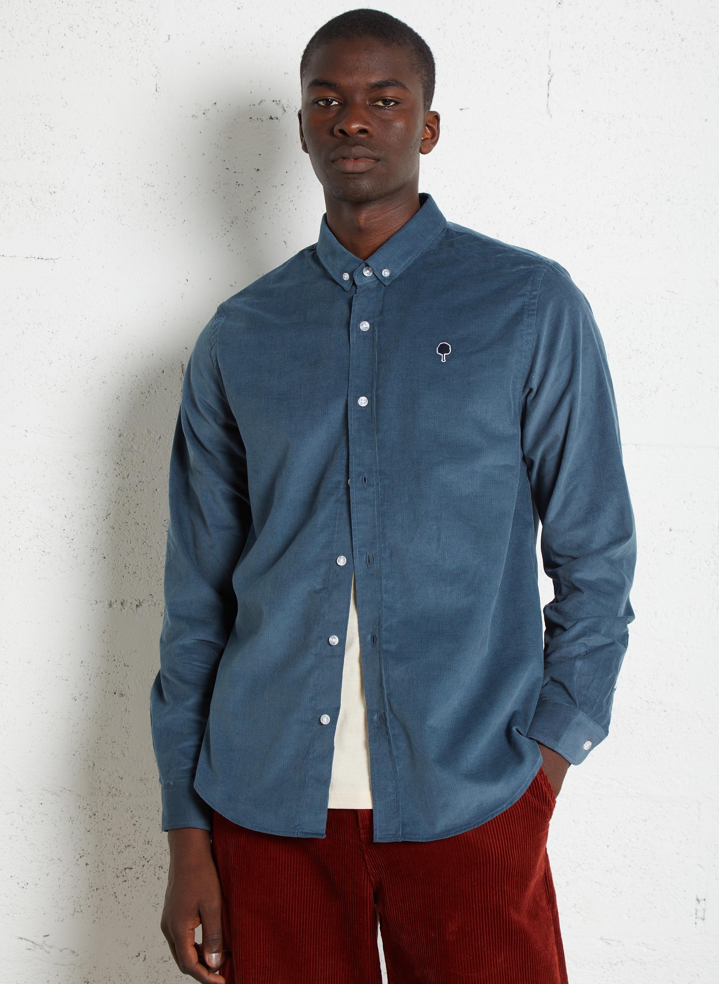 Straight shirt with buttoned collar in ribbed cotton velvet FAGUO Blue