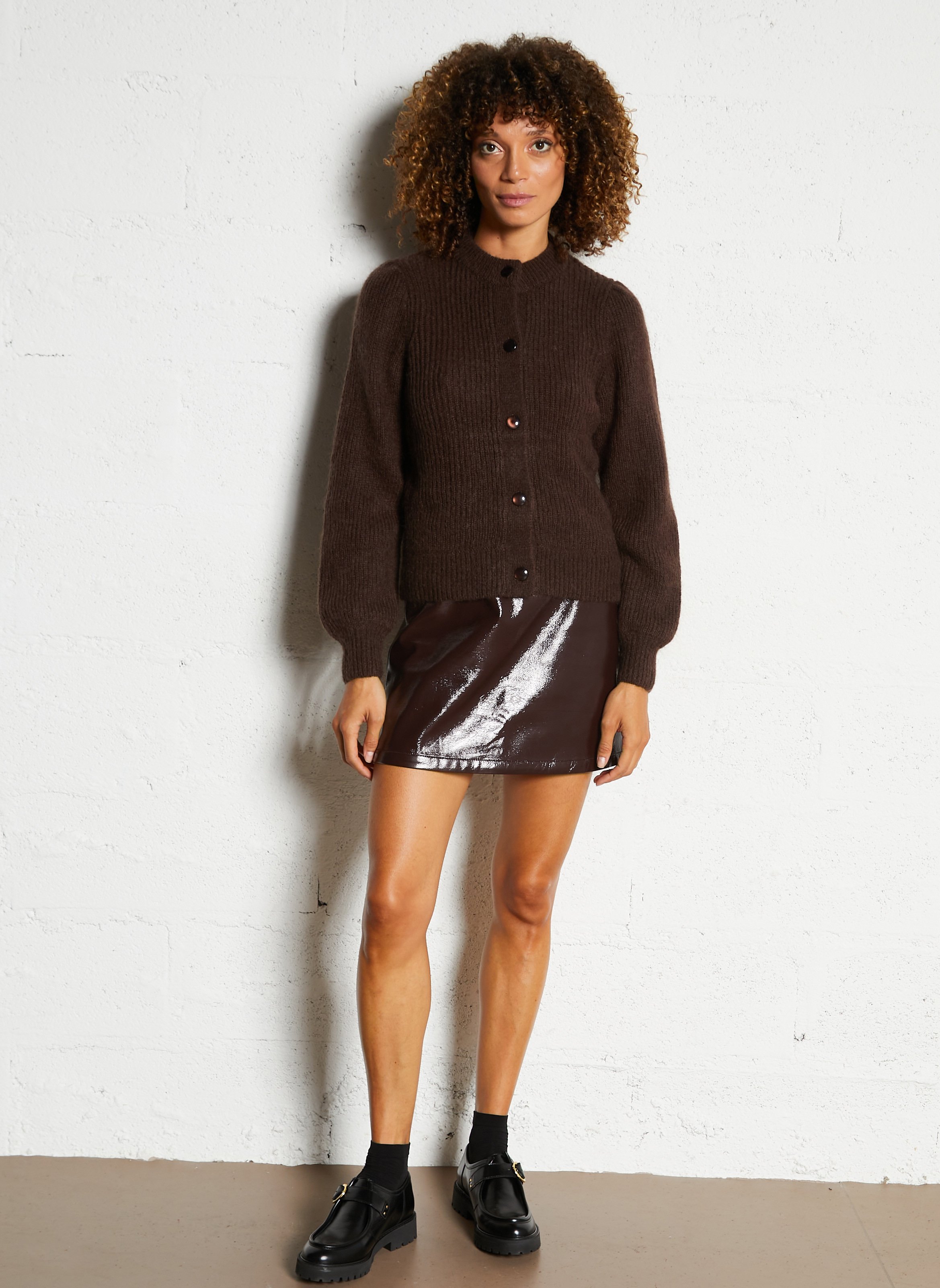 Straight round-neck wool-blend cardigan PETITE MENDIGOTE Brown