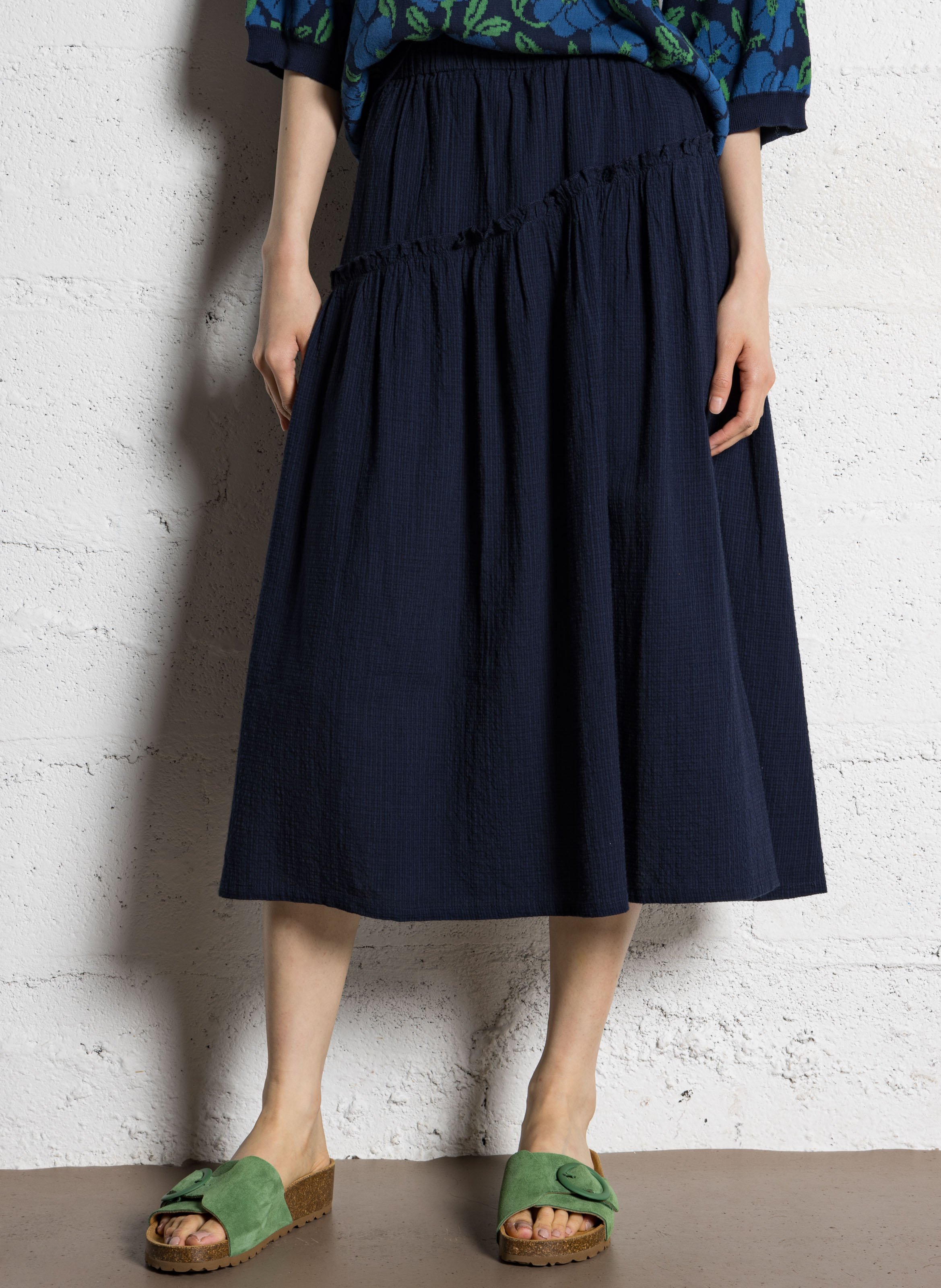 Wijd uitlopende midi-rok met elastische tailleband NICE THINGS Blauw