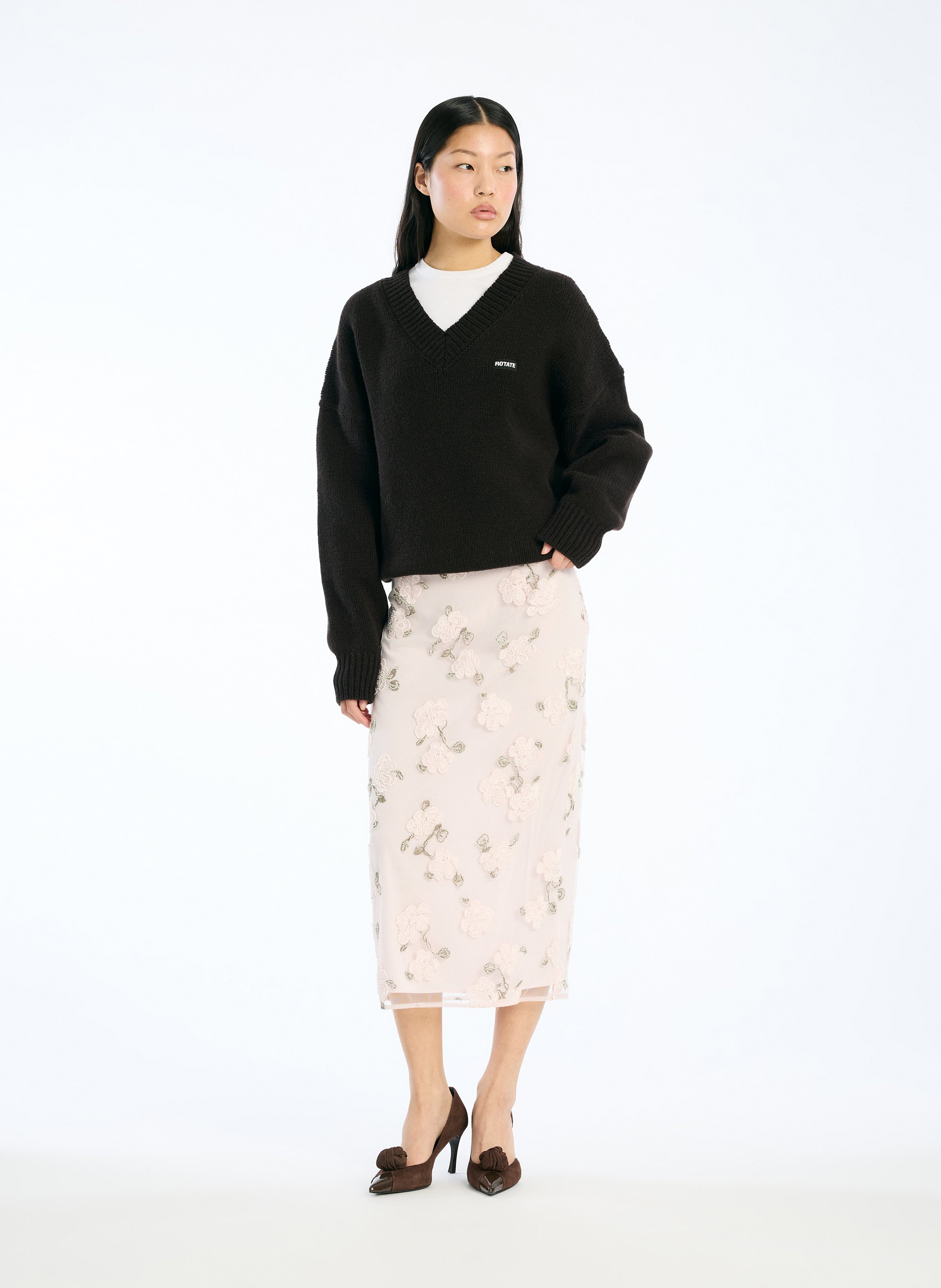 Jupe midi droite à fleurs brodées ROTATE Violet