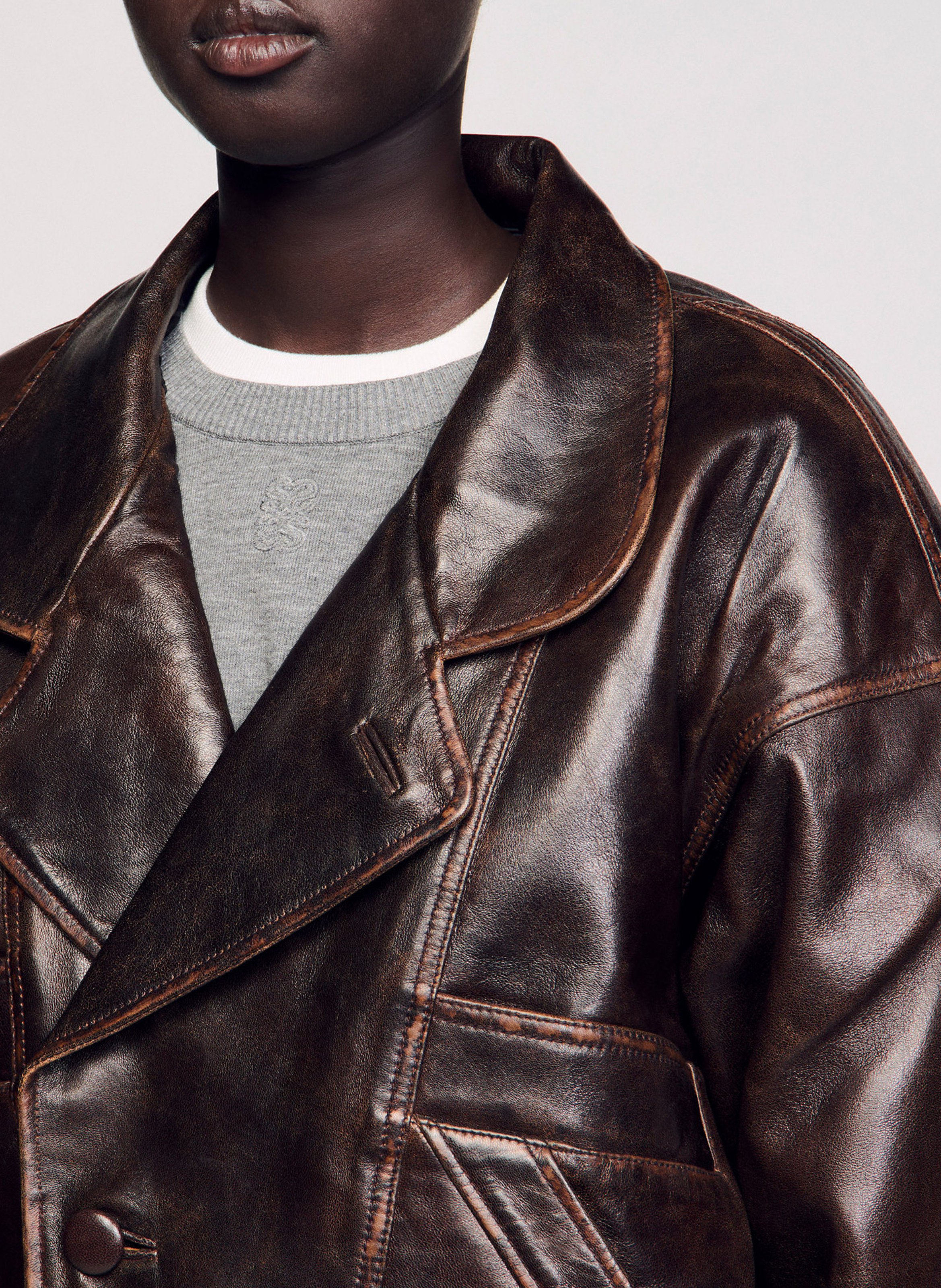 Leather jacket with tailored collar SANDRO Brown