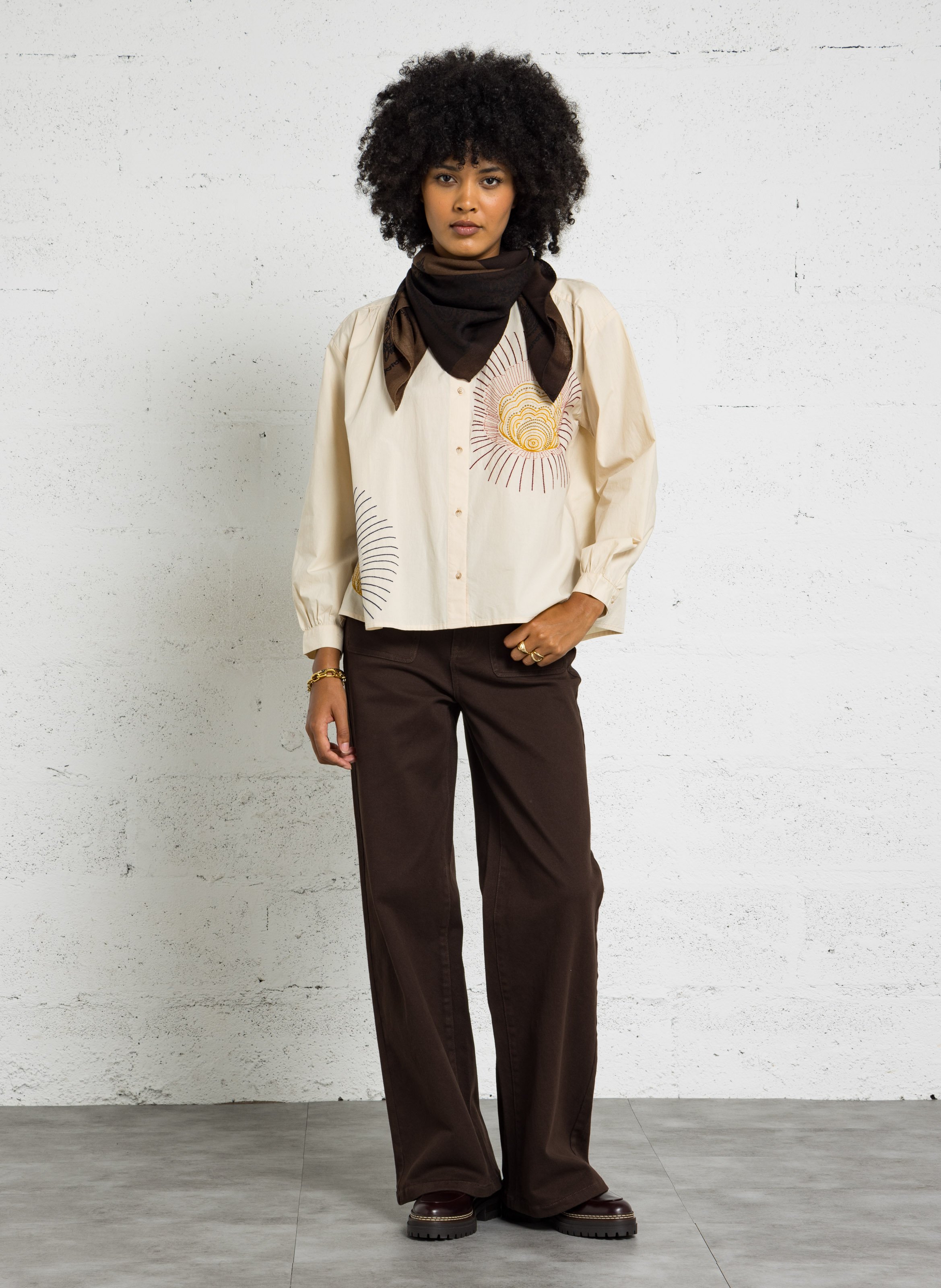 Straight printed organic cotton round-neck blouse SACRECOEUR Beige