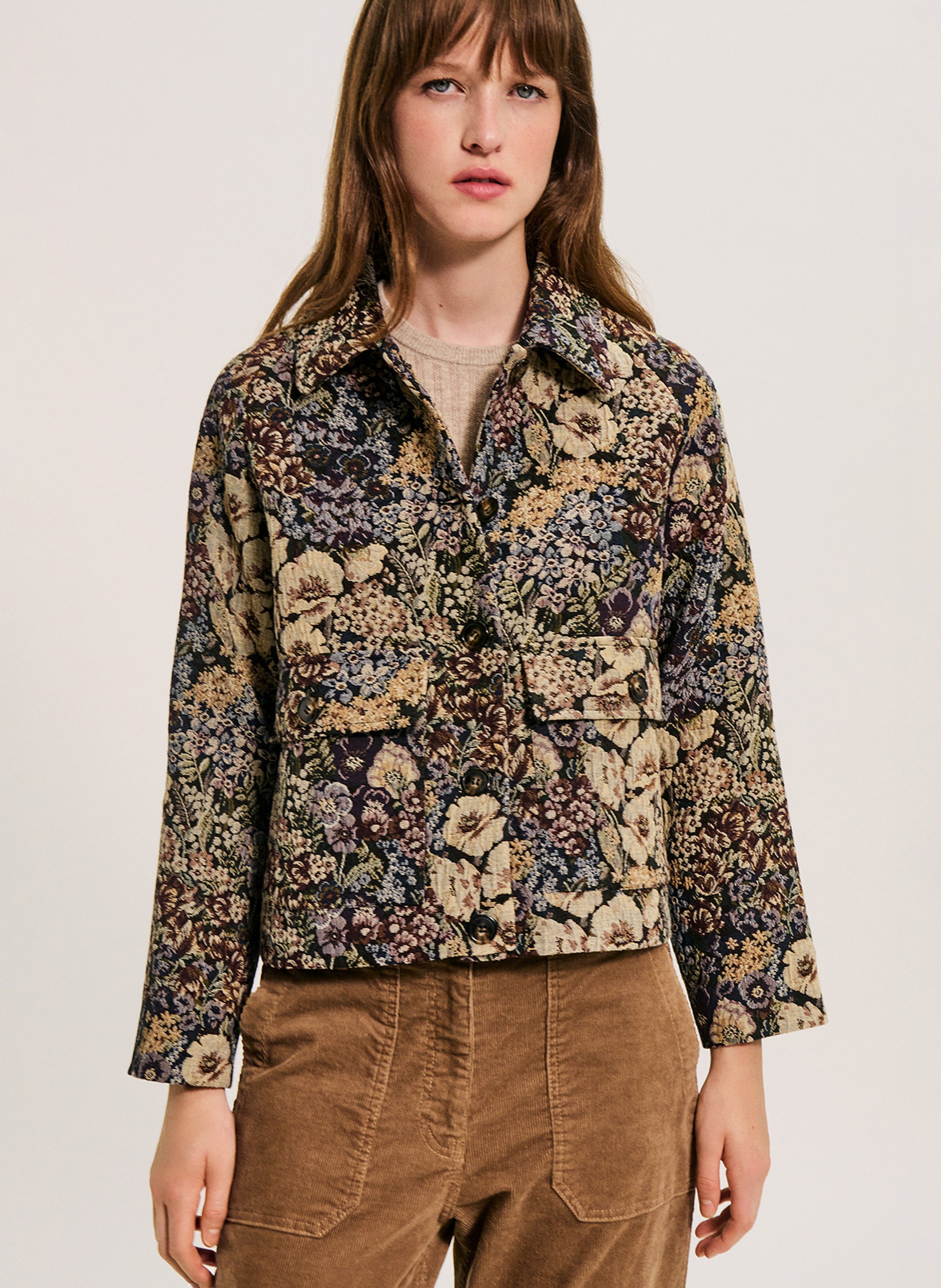 Veste col classique motif de fleurs en jacquard PABLO Noir