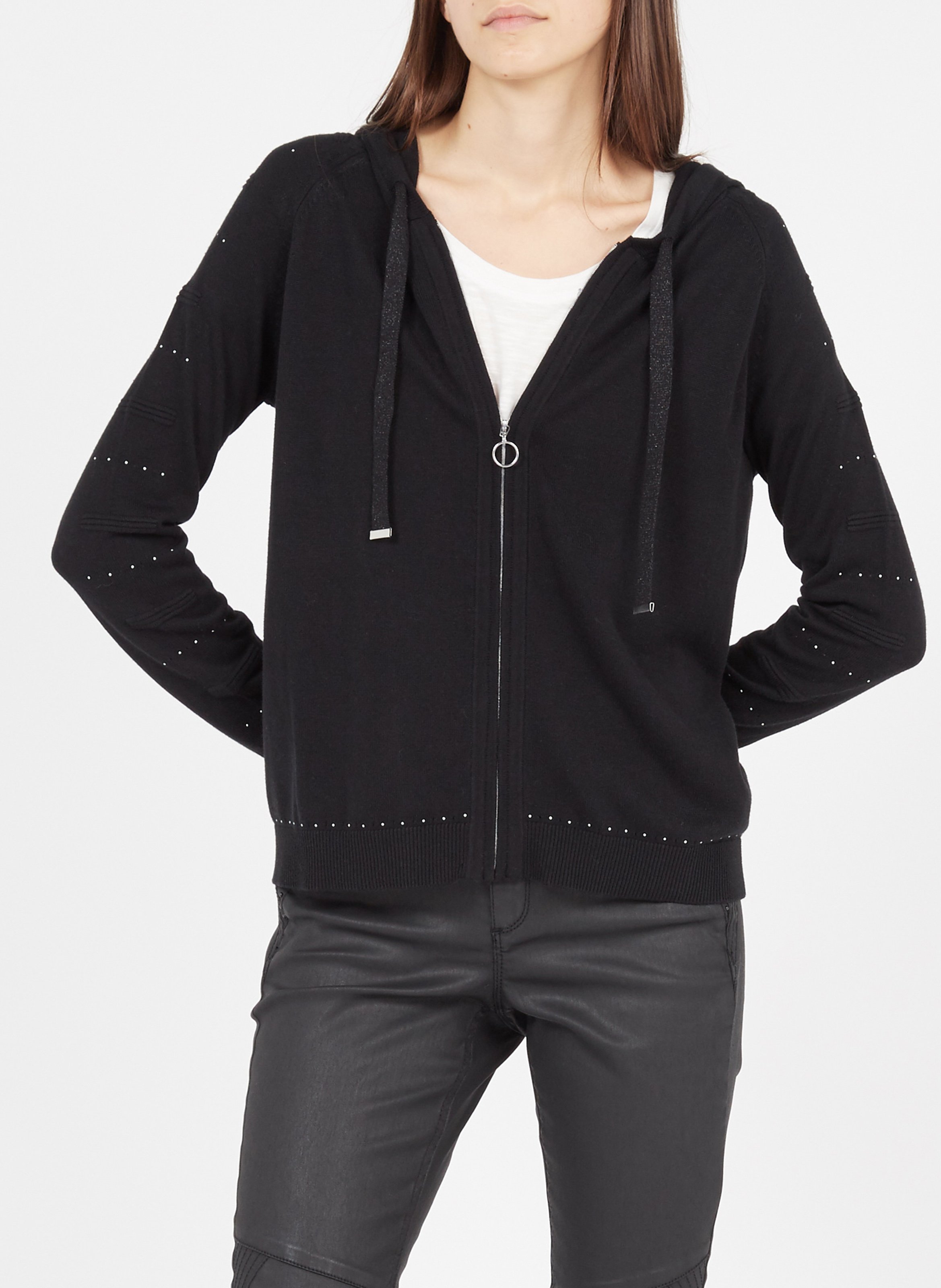 Zip-up cotton-blend cardigan with hood ONE STEP Black
