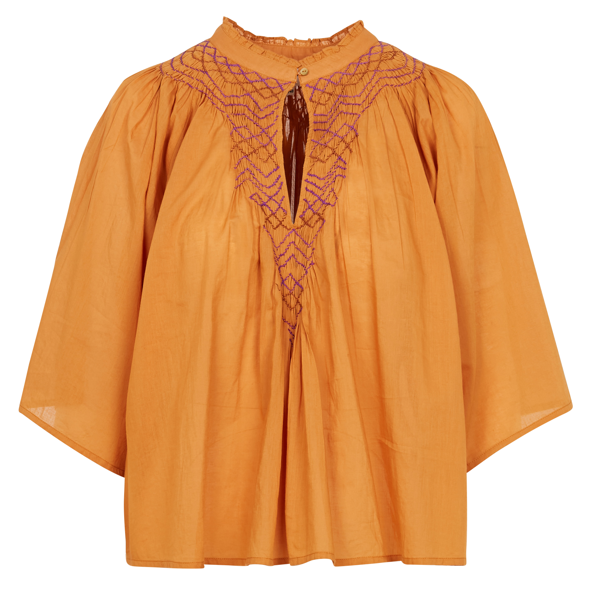 Loose-fit embroidered cotton blouse with mandarin collar ANTIK BATIK Brown