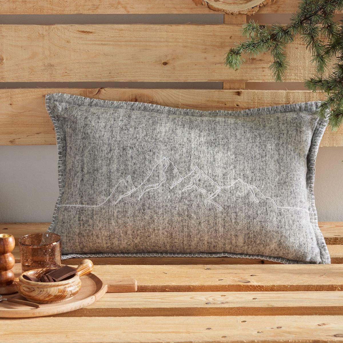 Rectangular embroidered cotton flannel cushion TODAY LINGE DE MAISON Grey