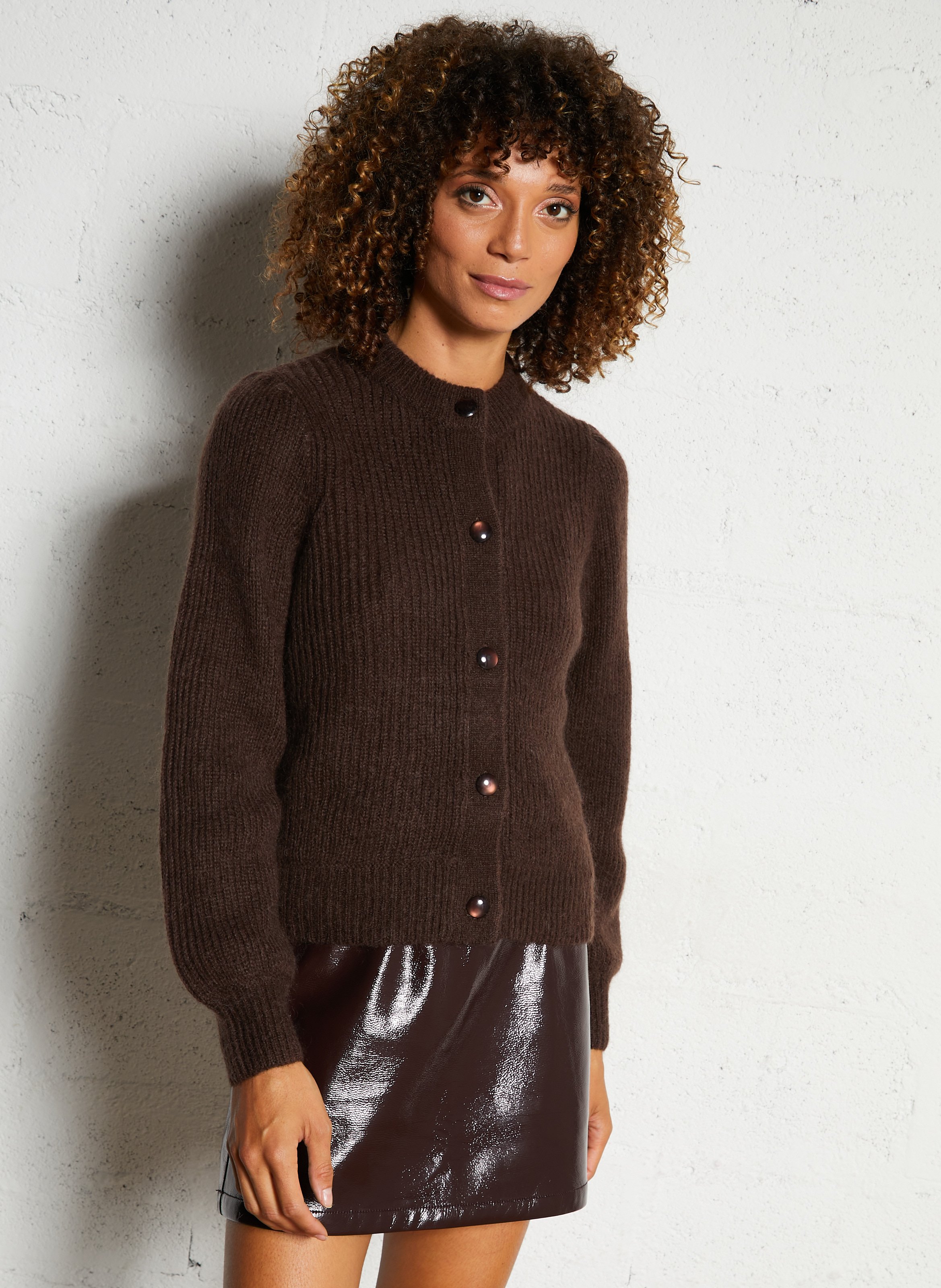 Straight round-neck wool-blend cardigan PETITE MENDIGOTE Brown