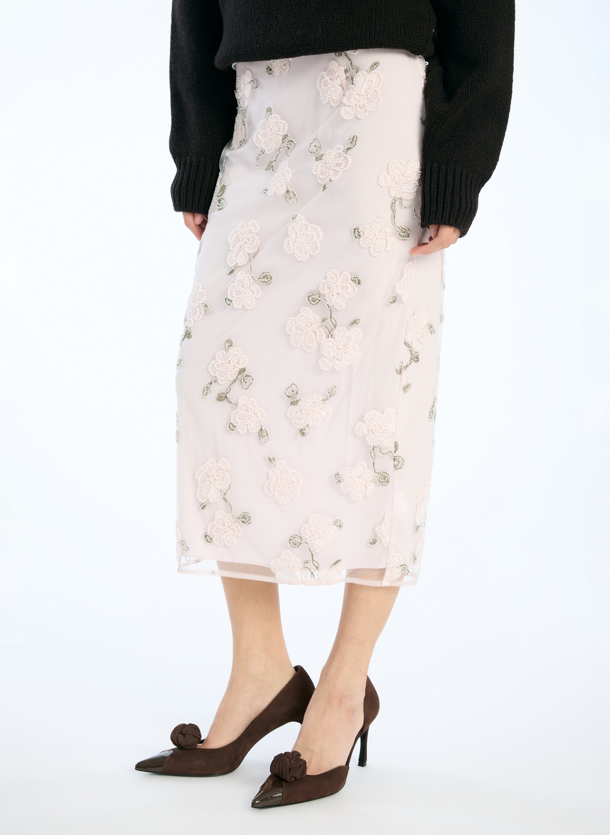 Jupe midi droite à fleurs brodées ROTATE Violet