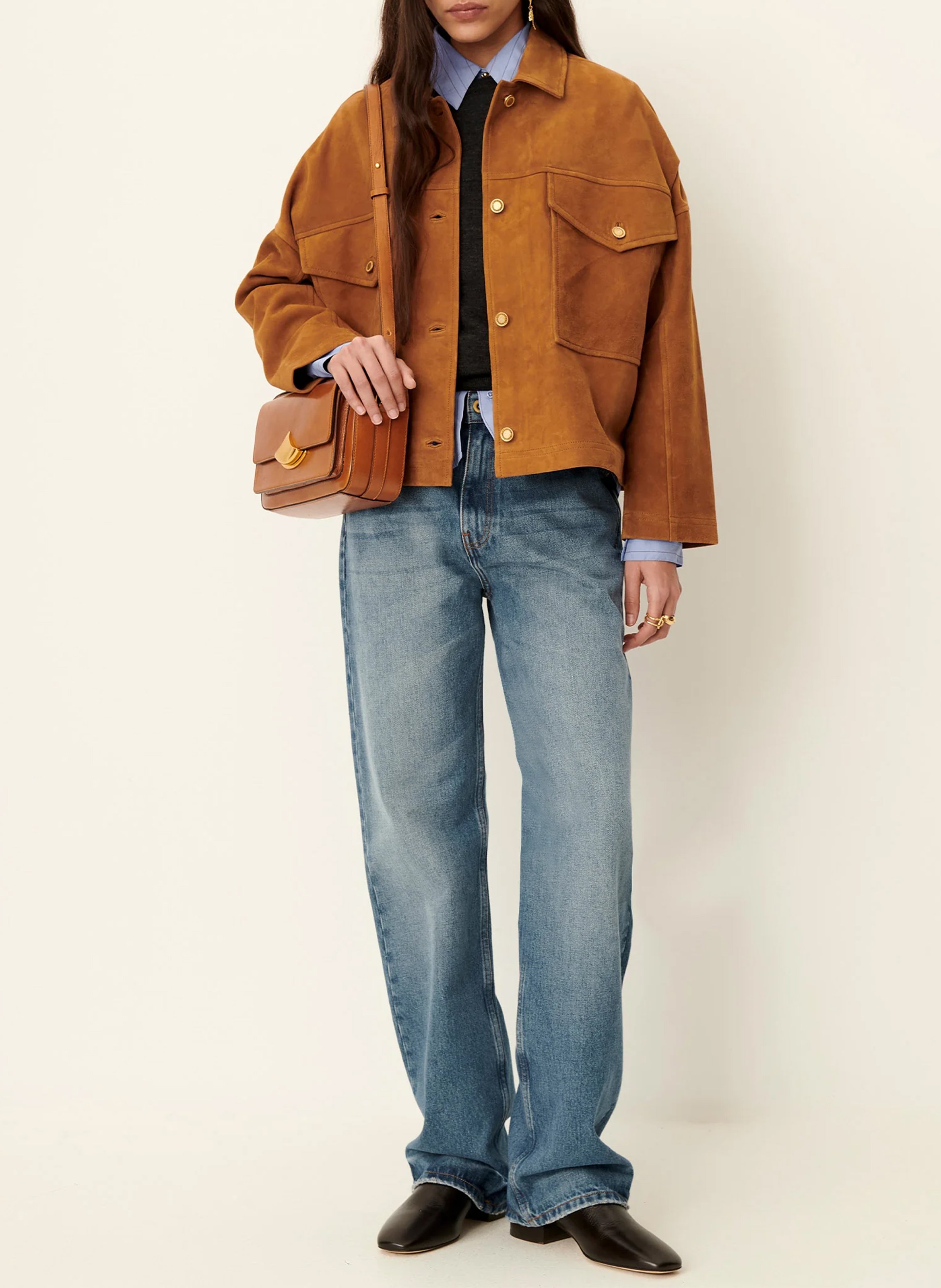 Straight jacket with classic collar in suede leather SESSUN Brown