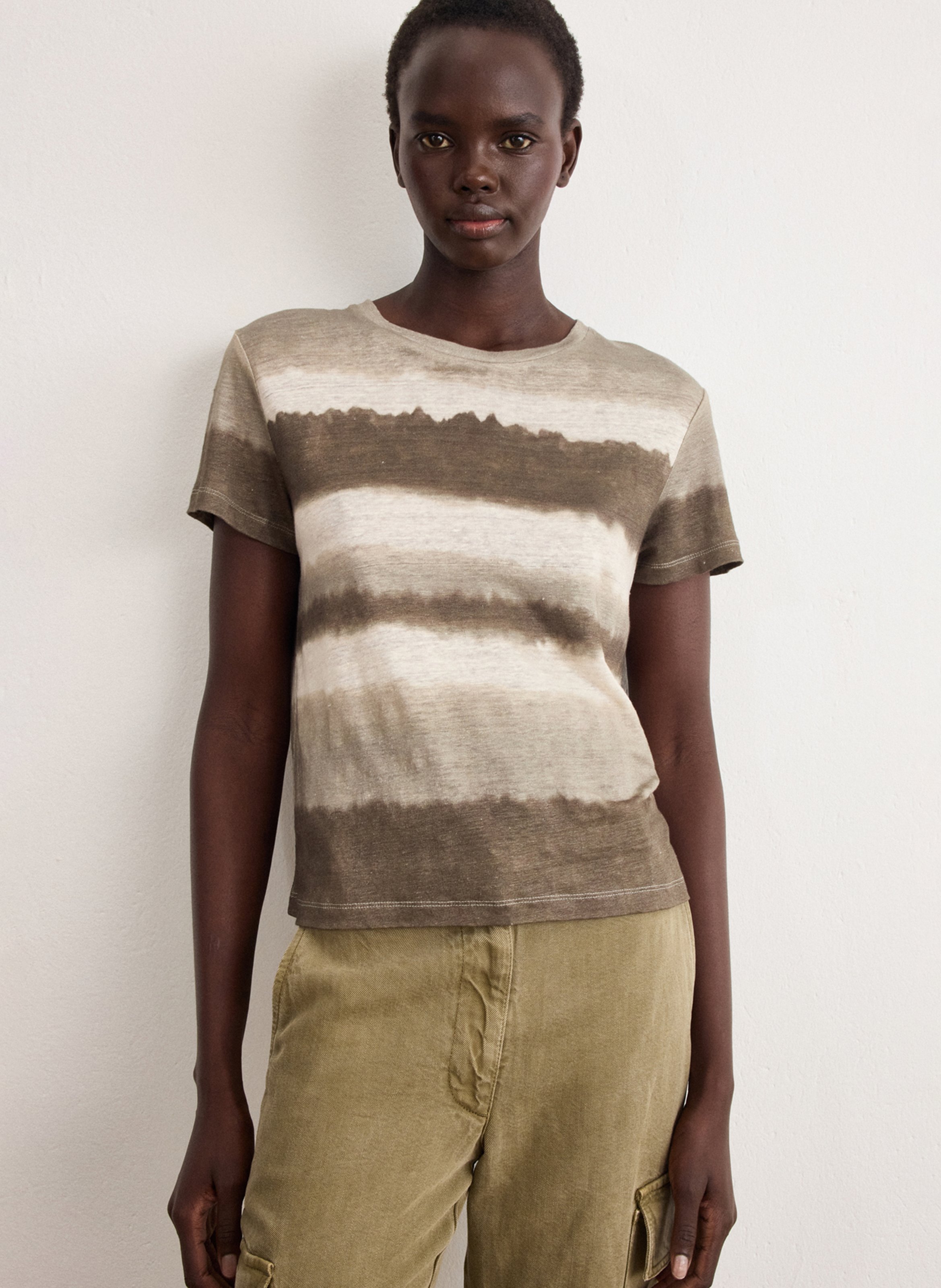 Tee-shirt droit col rond imprimé Tie&Dye en lin PABLO Vert