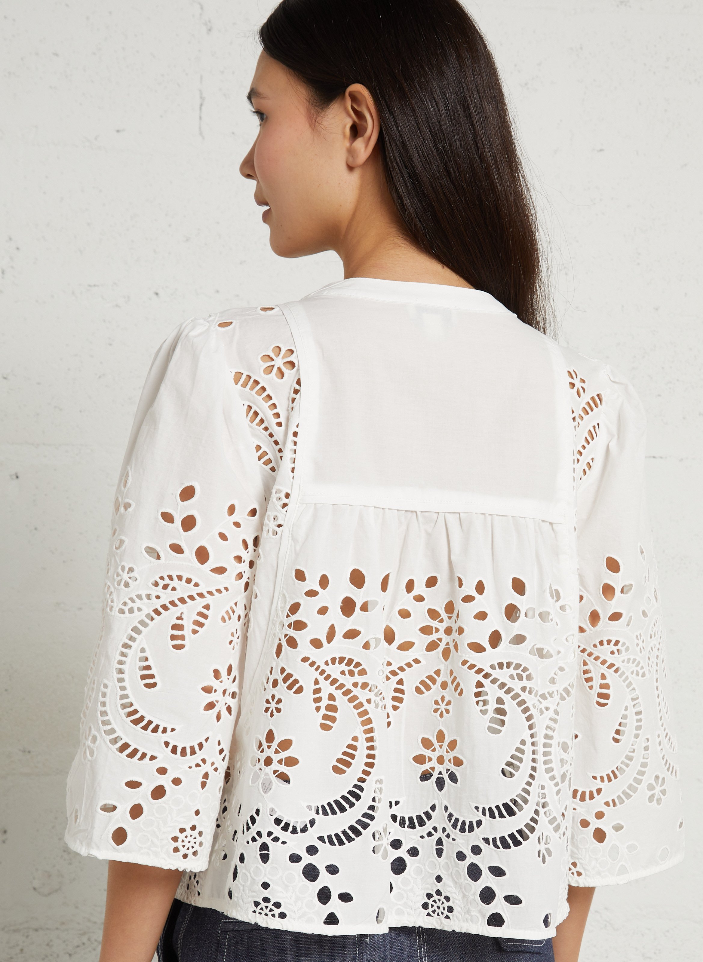 Bestickte Baumwollbluse mit Rundhalsausschnitt SEE U SOON Weiss