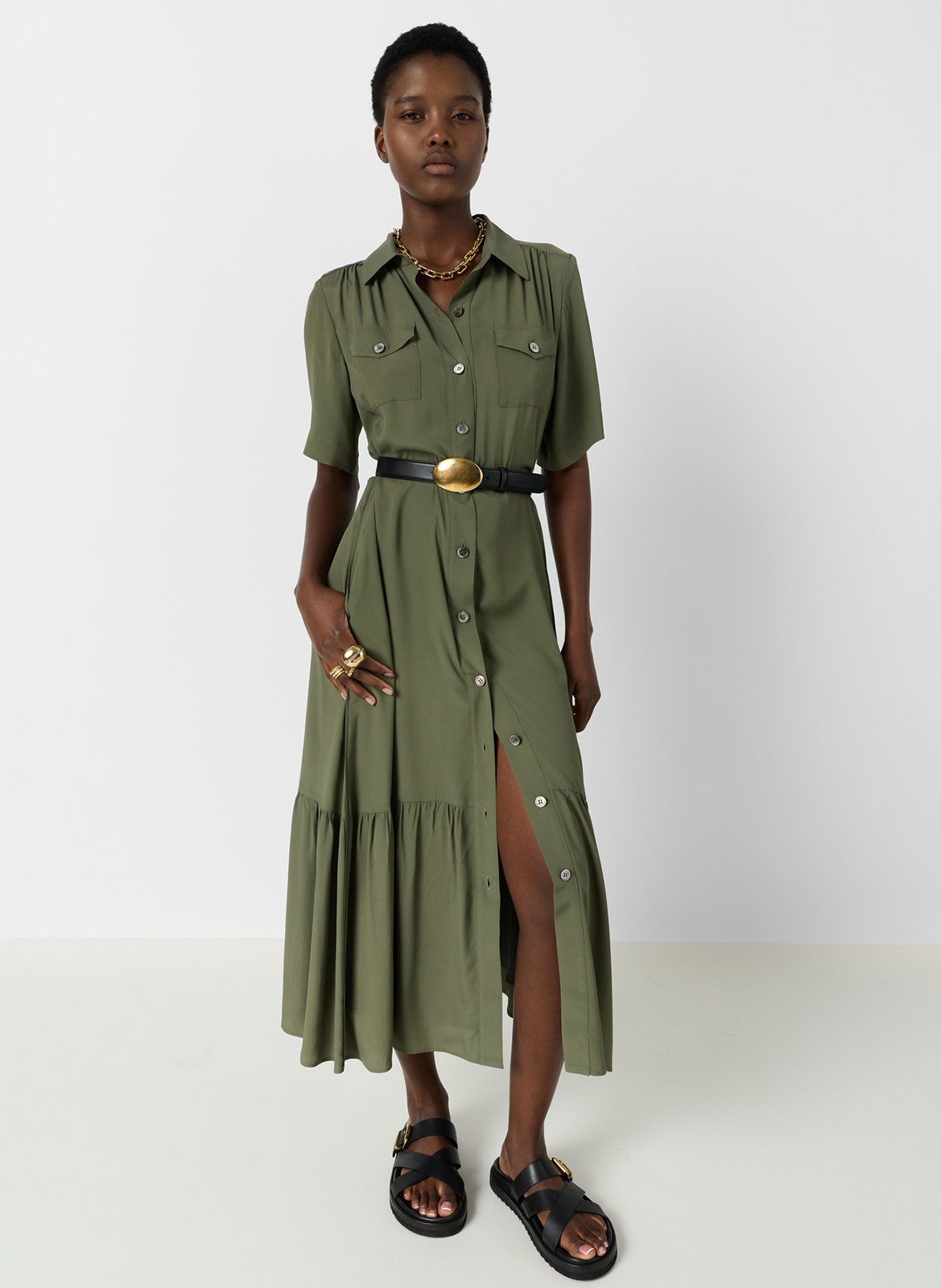 Langes Kleid mit klassischem Kragen GERARD DAREL Khaki