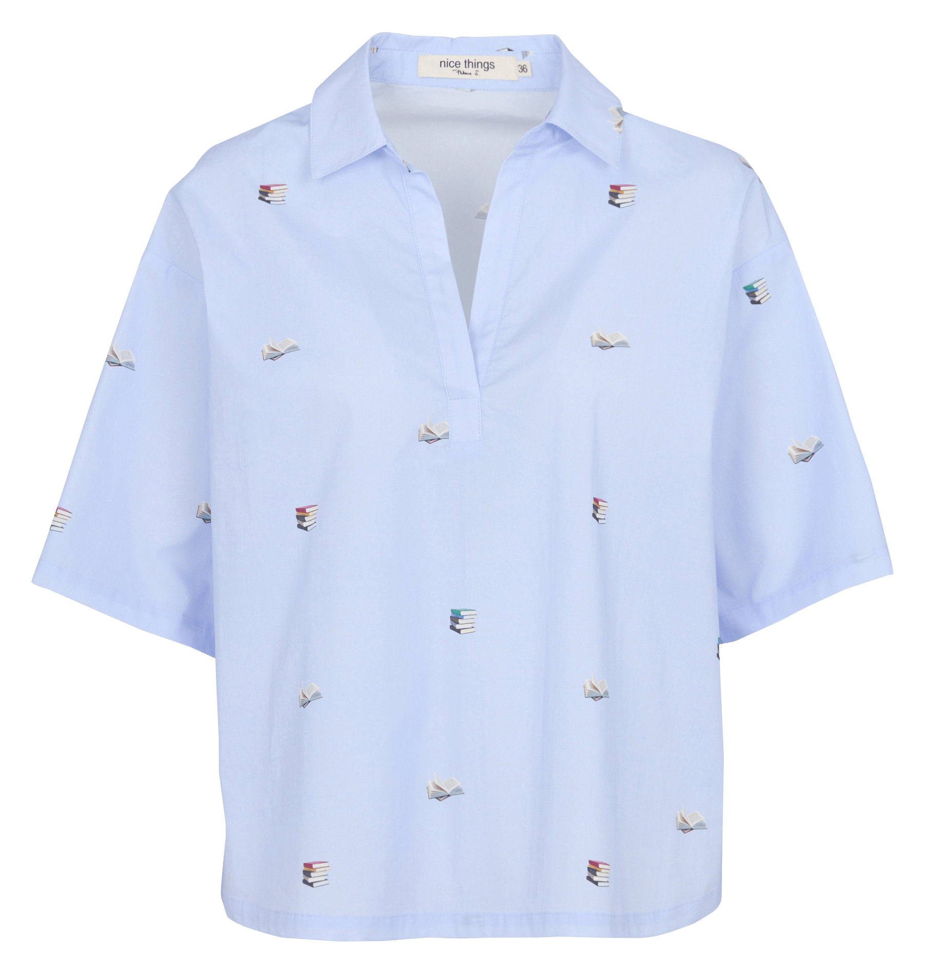 Wijde blouse met V-hals en print in katoen NICE THINGS Blauw