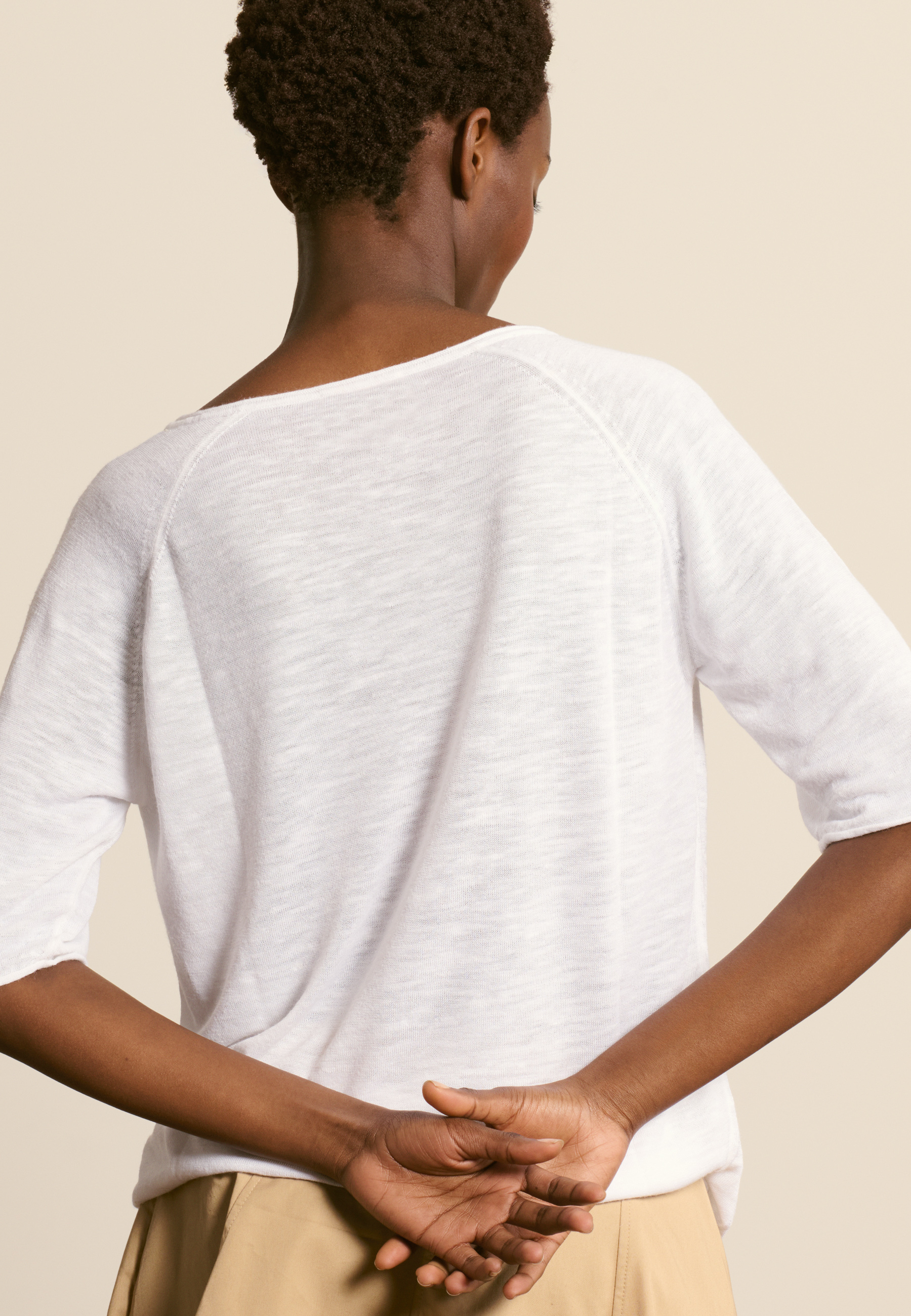 T-shirt col v en lin flammé MAISON MONTAGUT Blanc