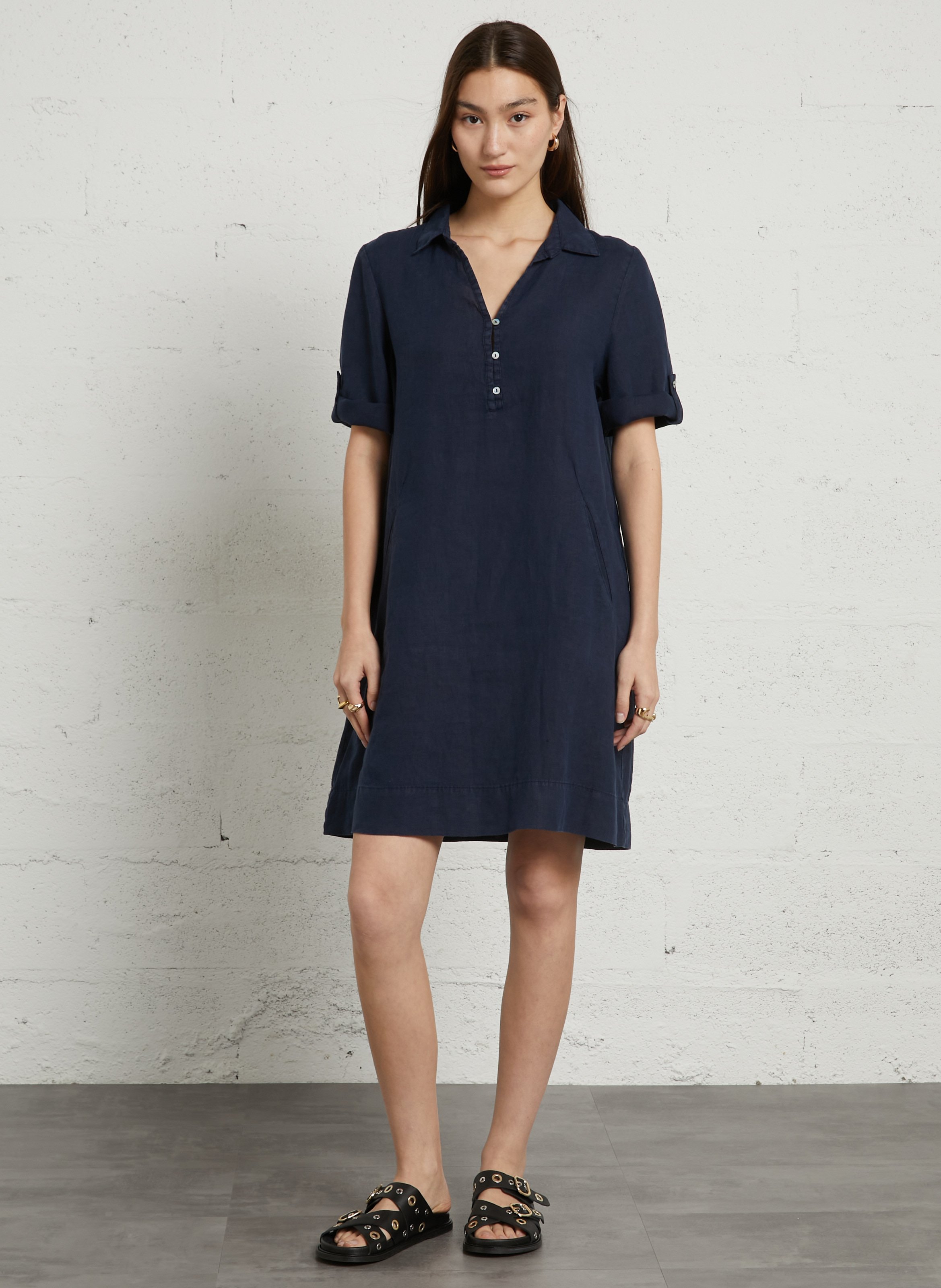 V-neck linen midi dress SUD EXPRESS Blue