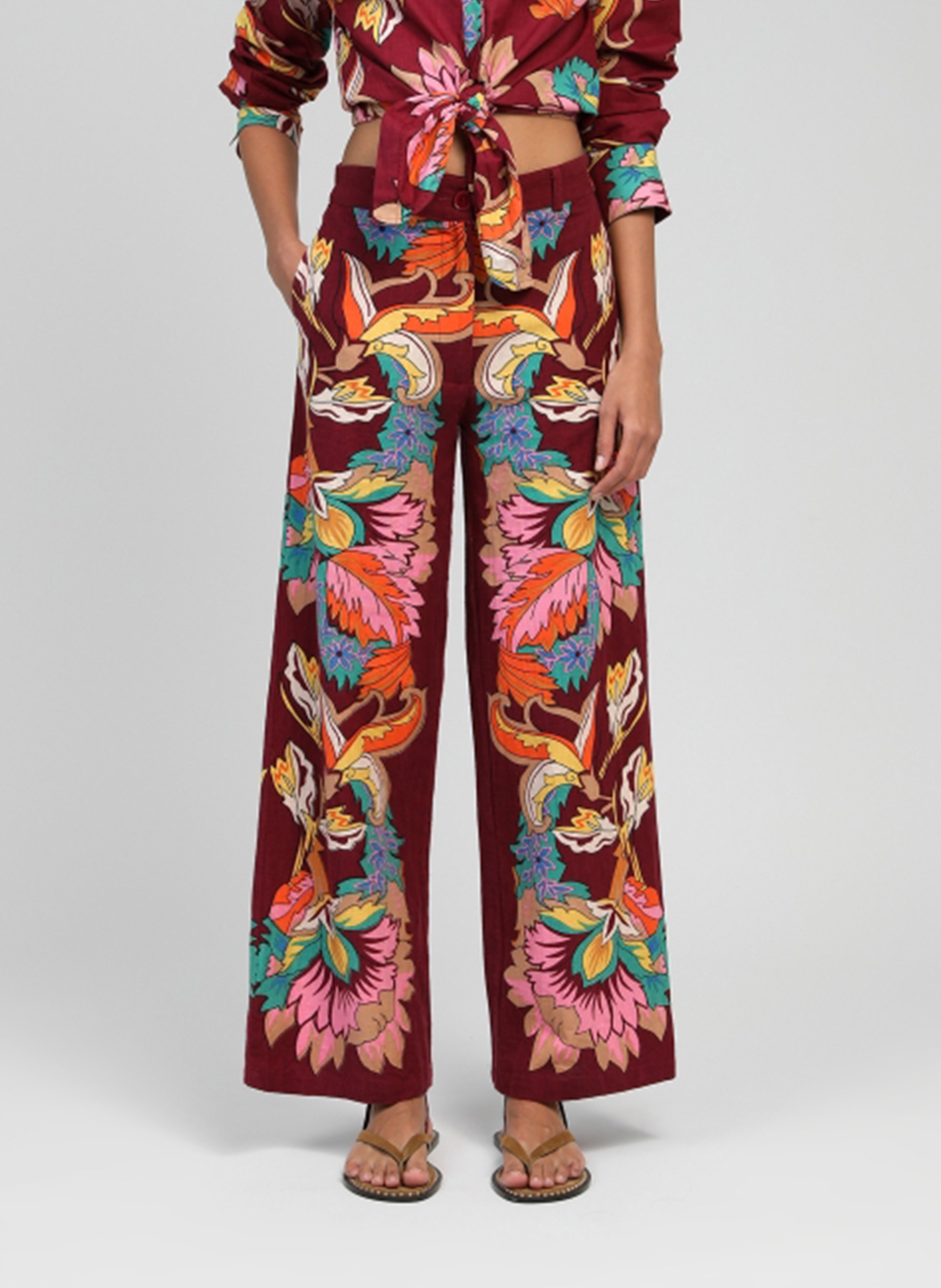 Weit geschnittene bedruckte Hose aus Baumwolle und Leinenmischung AN'GE Rosa