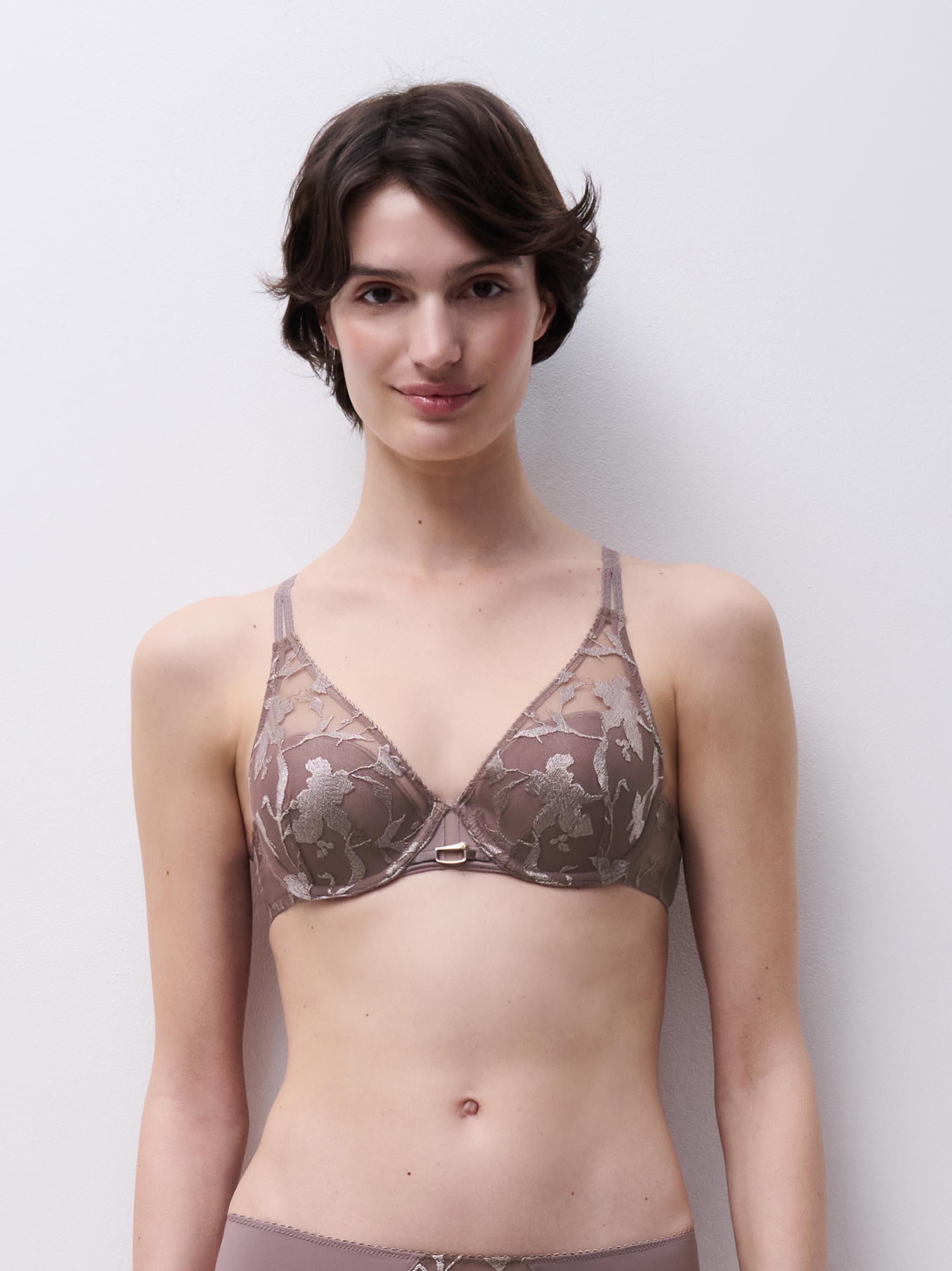 Plunging spacer bra with floral embroidery. CHANTELLE Brown