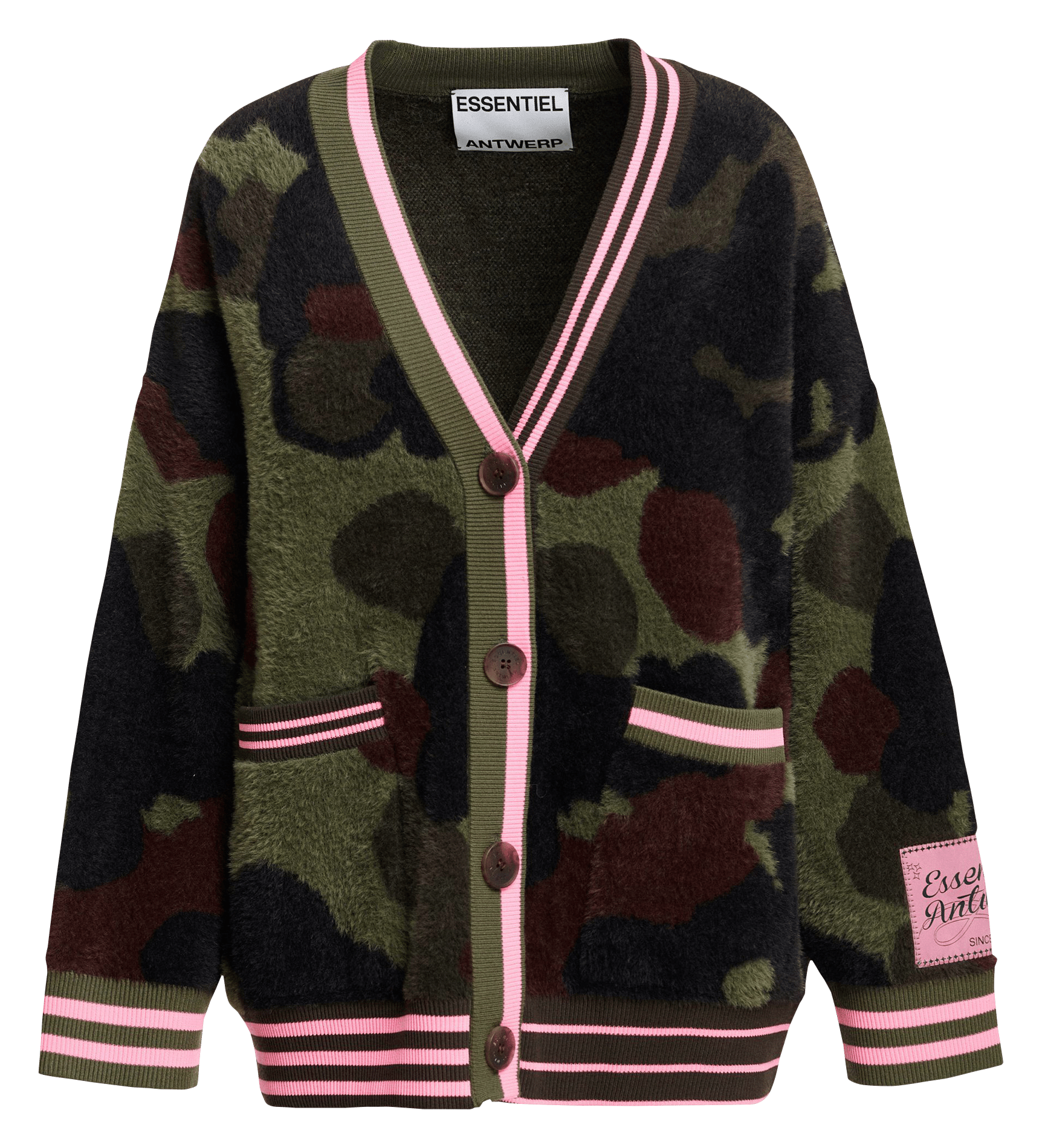 Cardigan ample col v motif camouflage ESSENTIEL ANTWERP Vert