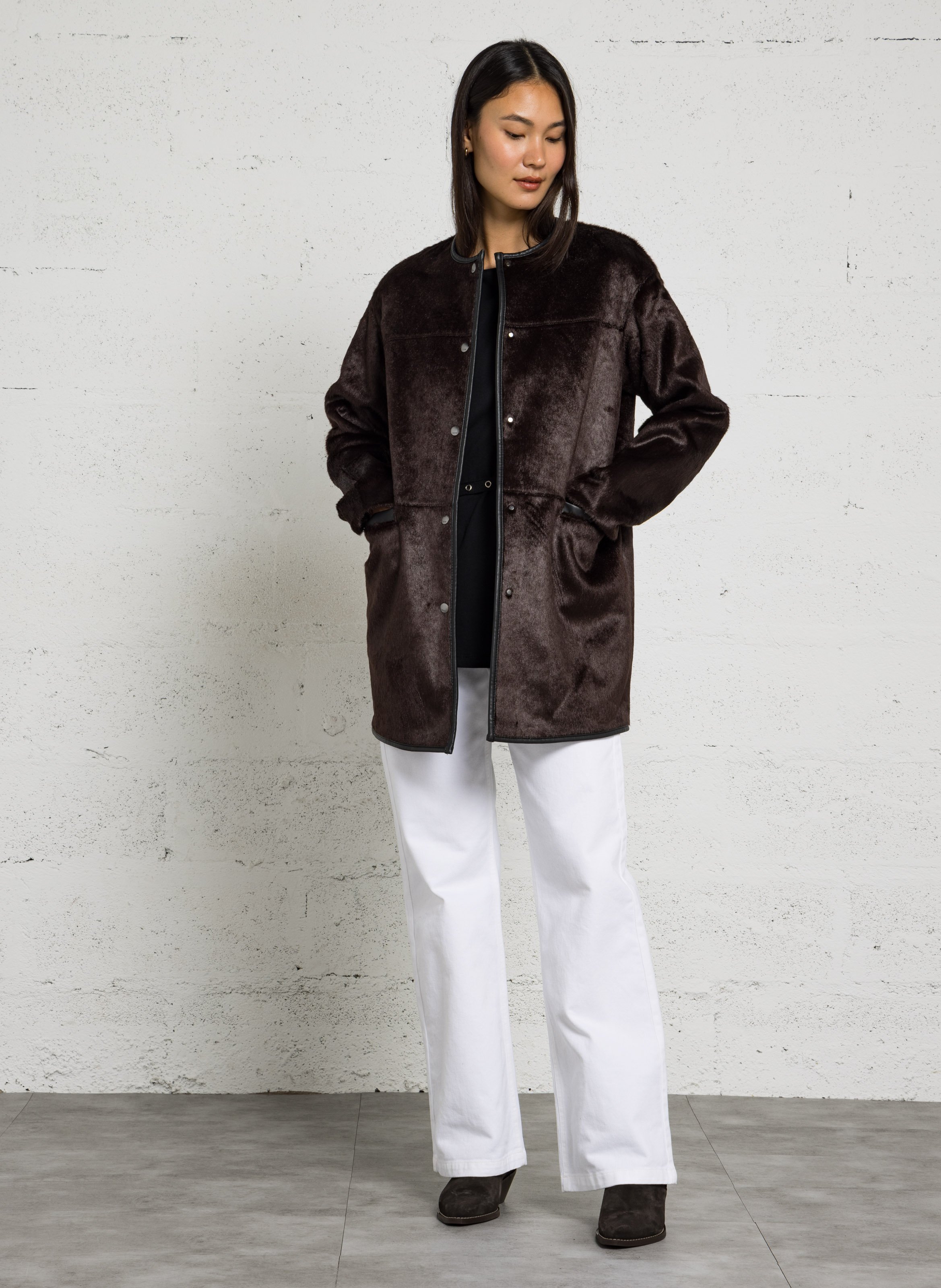 Loose-Fitting Mid-Length Faux Fur Coat IKKS Brown