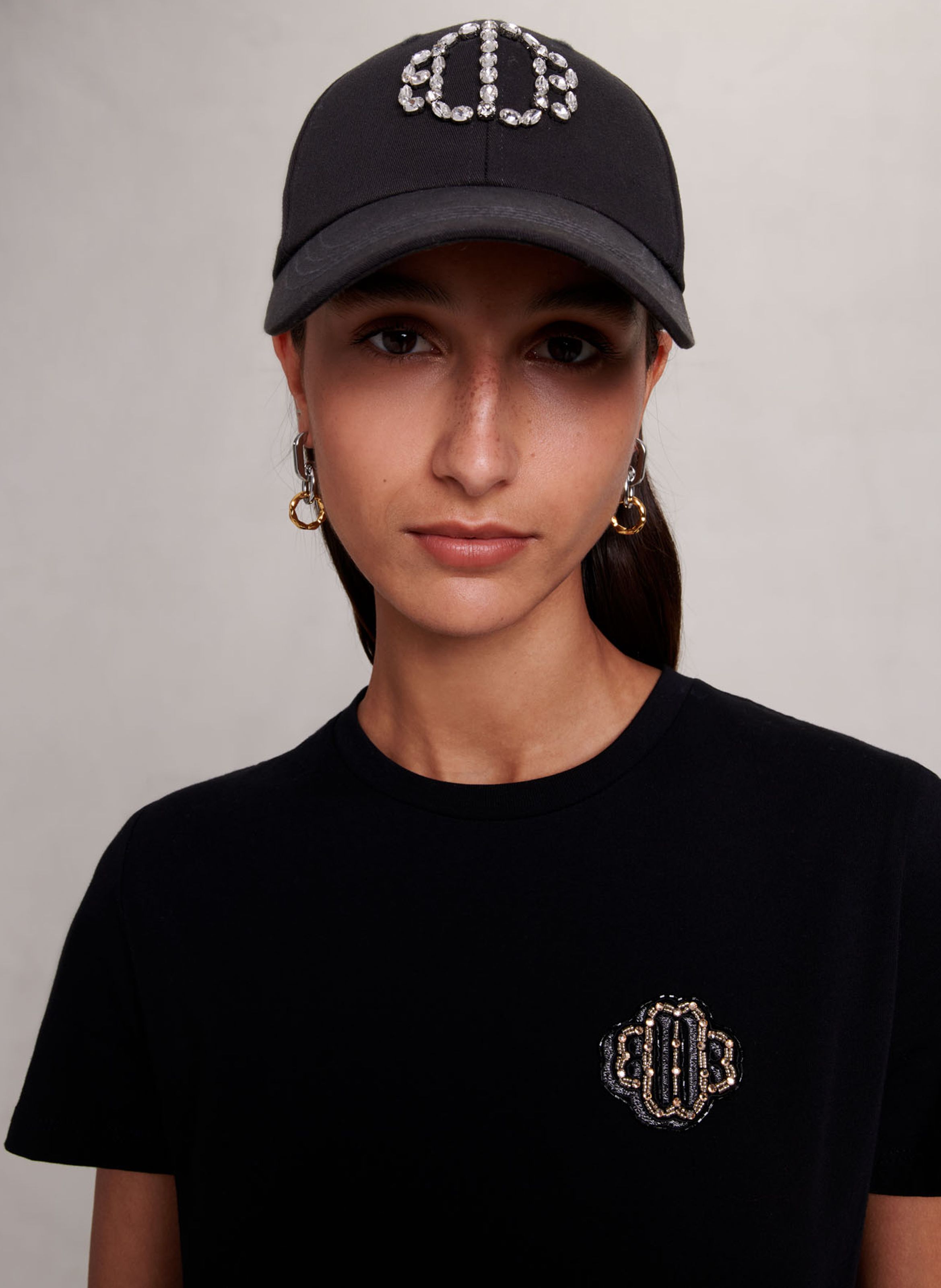 Casquette Logo Strass En Coton Noir Maje Femme Place des