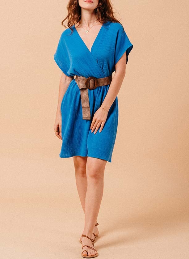 Short wrap dress belted in cotton gauze GRACE ET MILA Blue