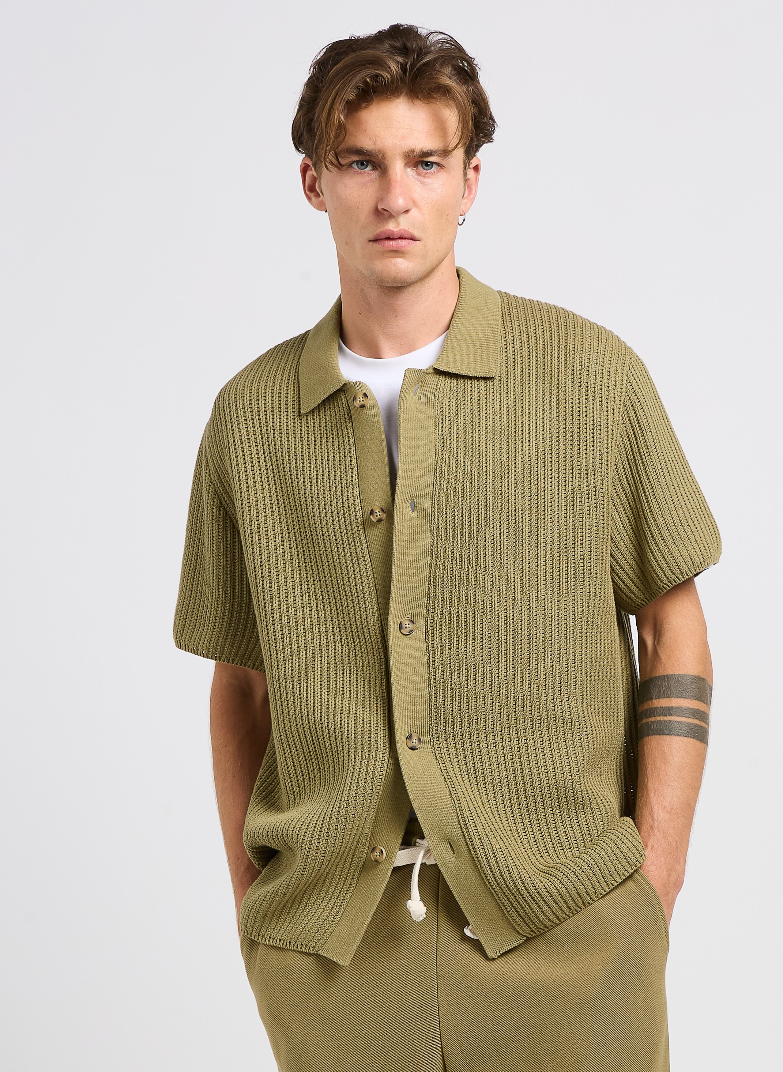 Chemise col classique tricot en coton LES DEUX Vert