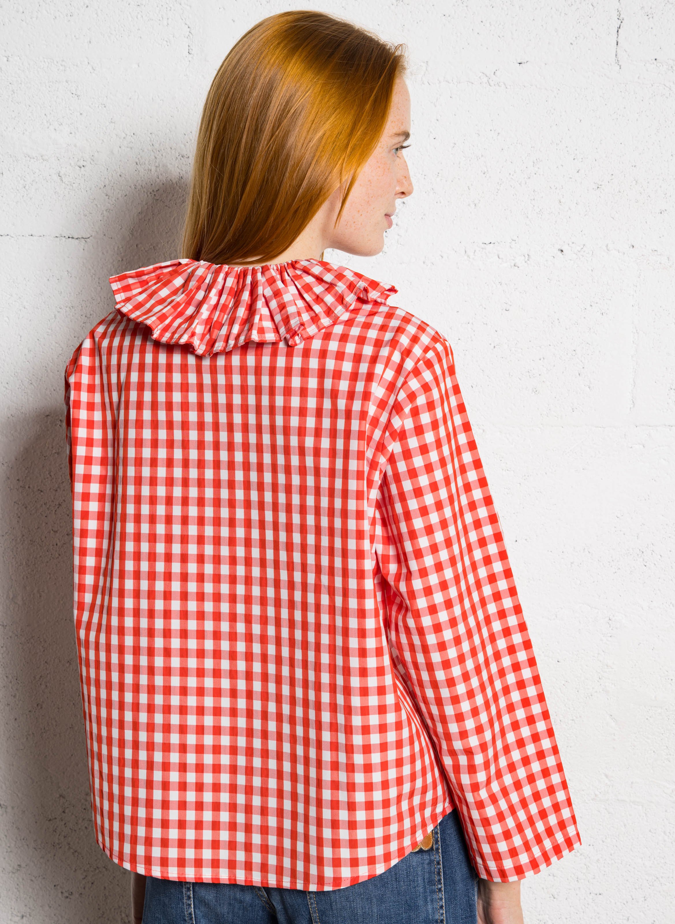 Blouse droite col claudine imprimée vichy en coton   DR BLOOM Rouge