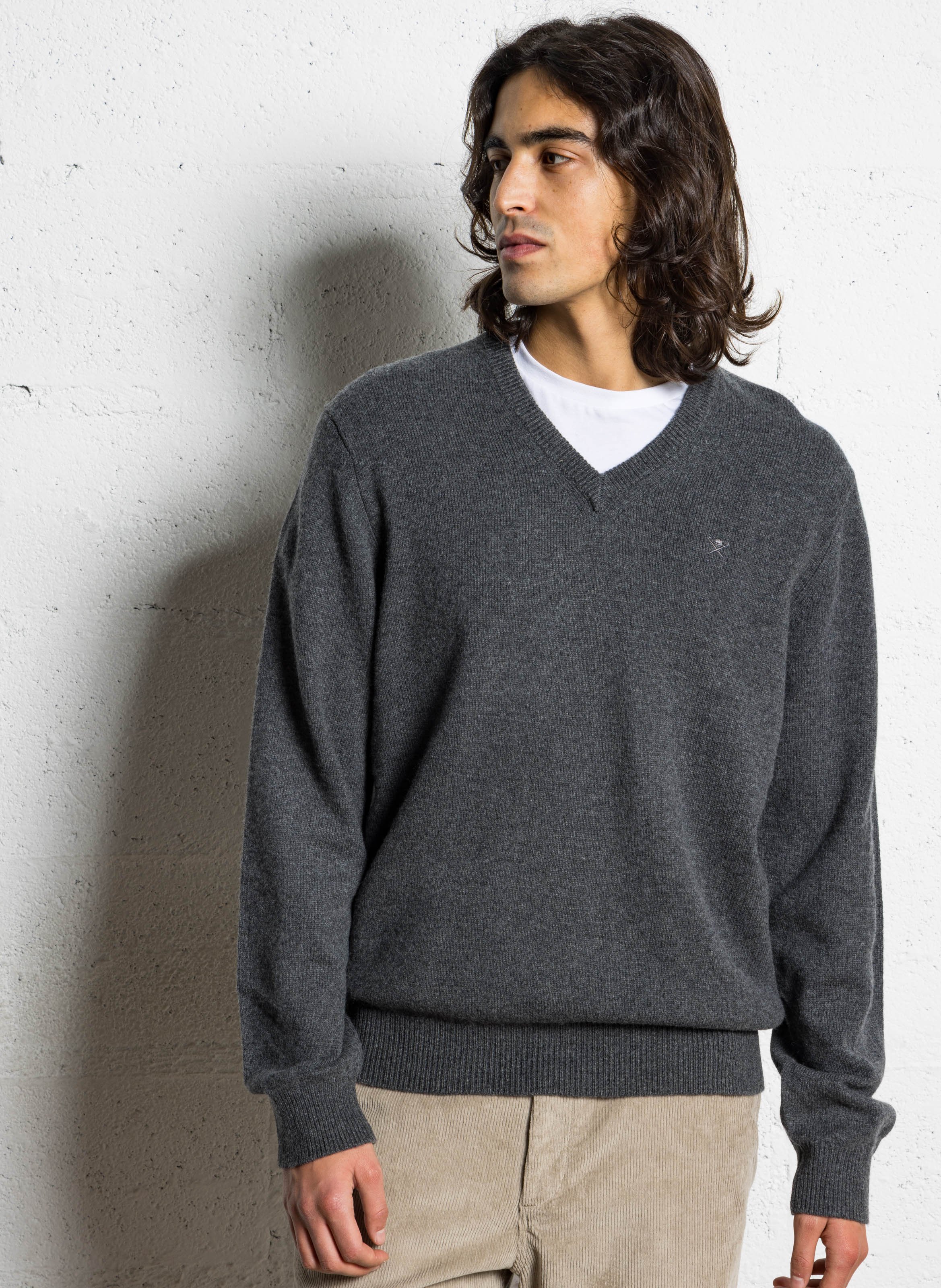 Einfarbiges Woll-V-Ausschnitt-Pullover HACKETT Grau