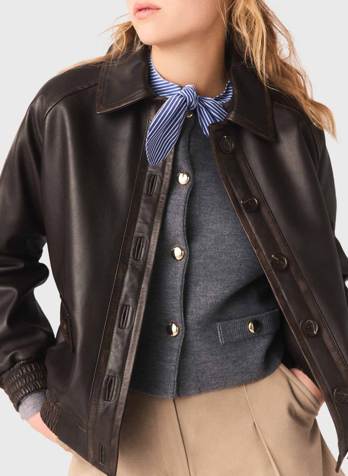 Straight buttoned leather jacket MAJE Brown
