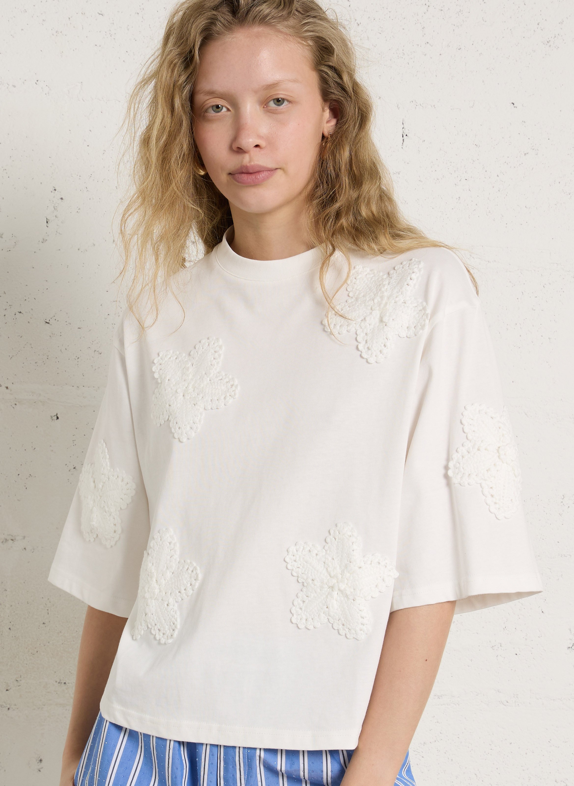Tee-shirt ample à motifs crochet BERENICE Blanc