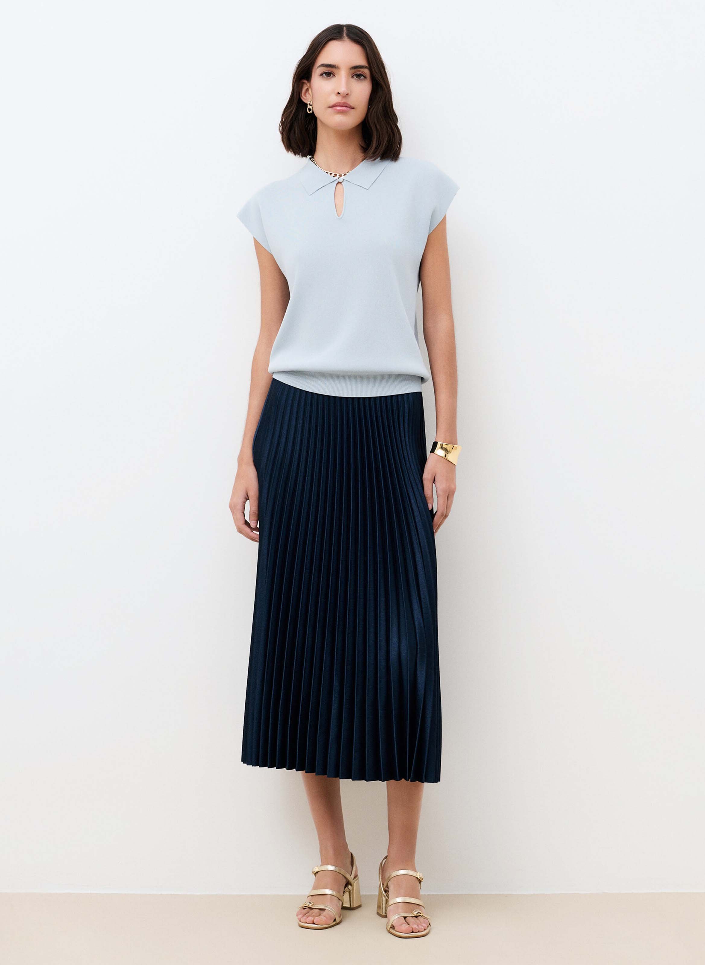 Pull sans manches col chemise uni CAROLL Bleu