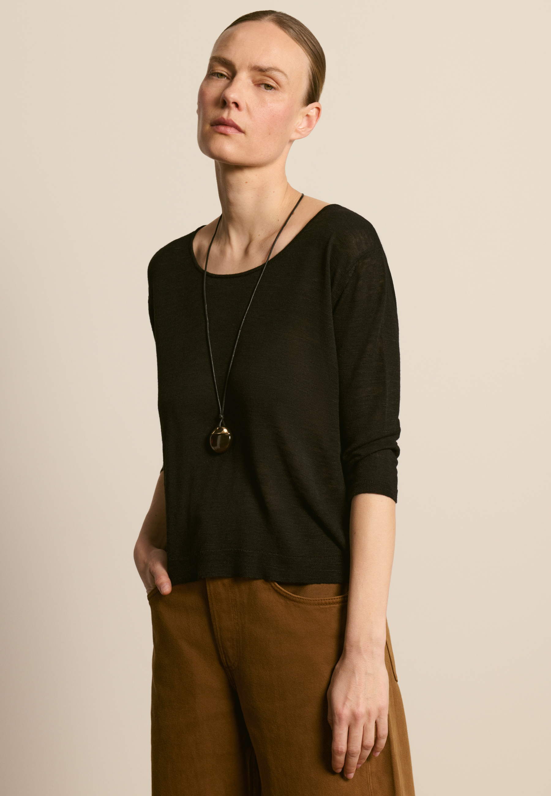 T-shirt col rond manches coudes en lin flammé MAISON MONTAGUT