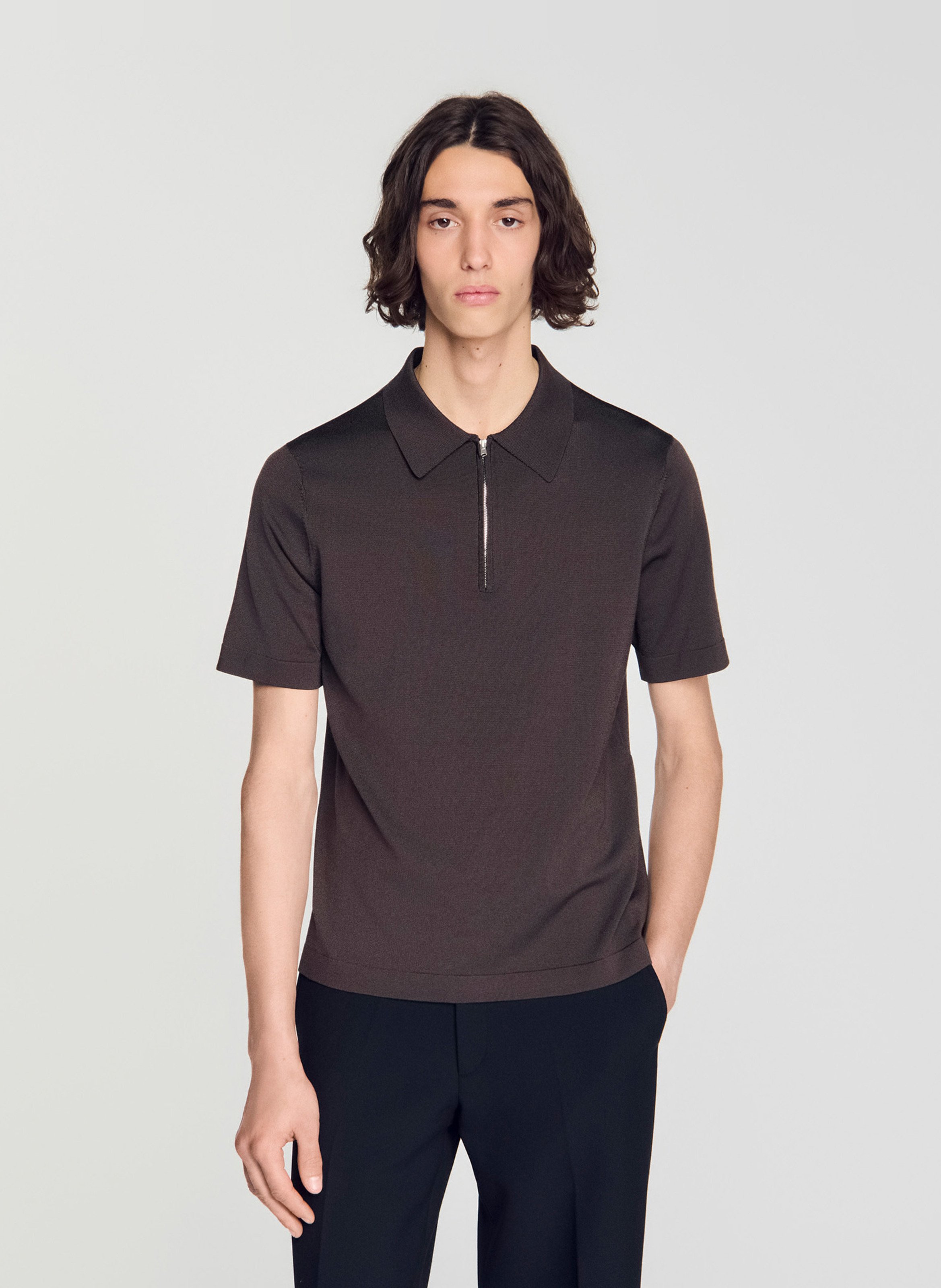T-shirt manches courtes à col polo zippé SANDRO