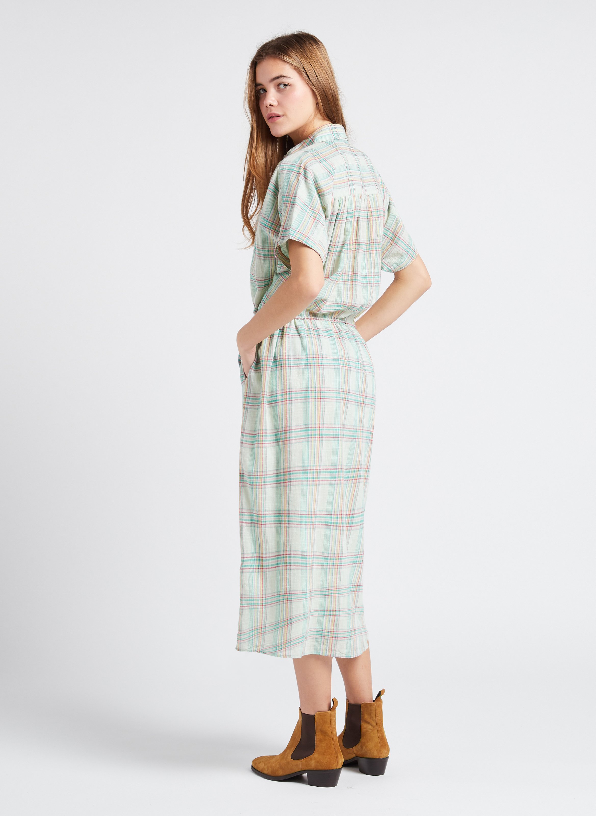 Loose-fit checked cotton midi dress with classic collar SWILDENS Blue