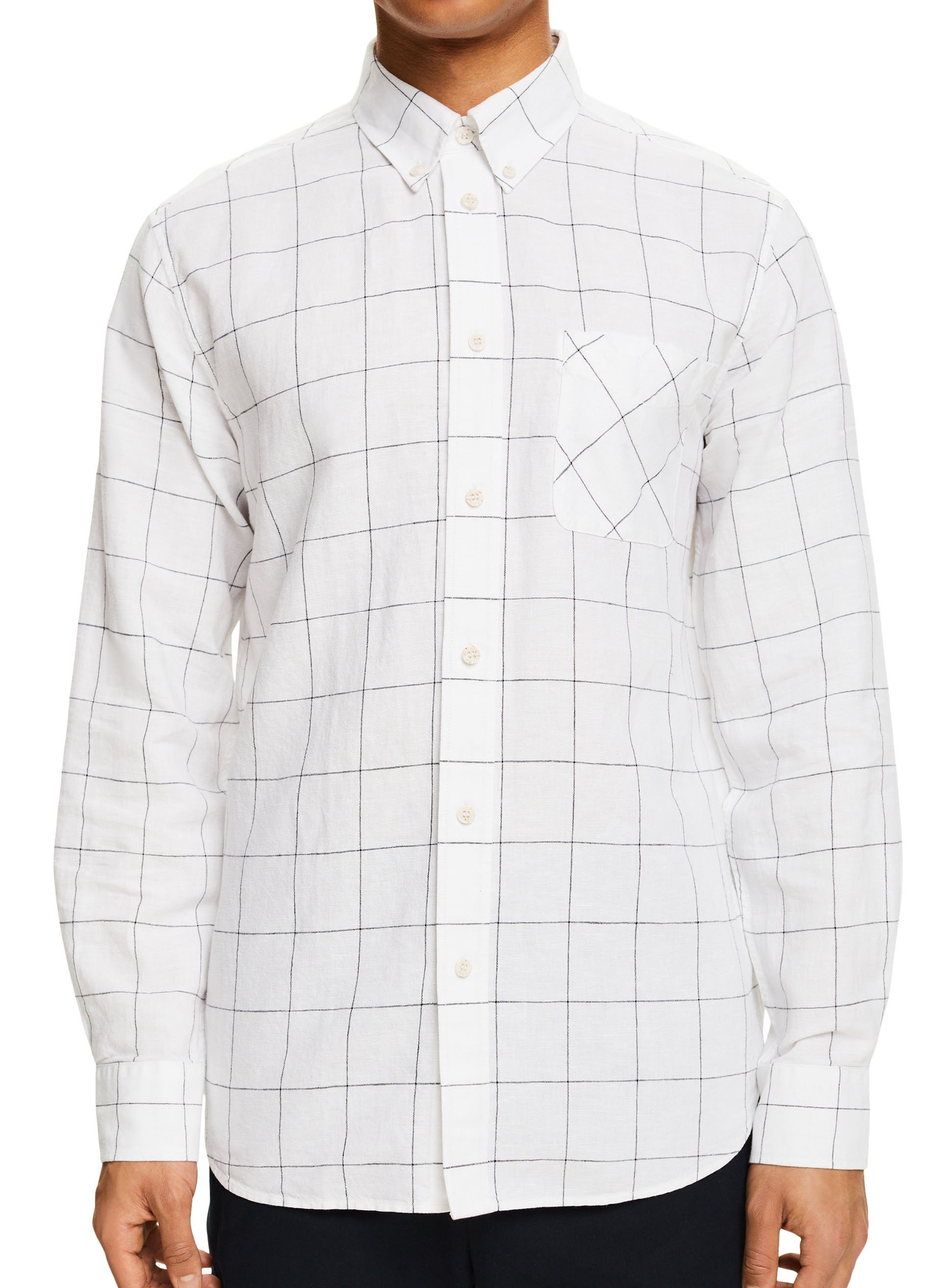 Checked linen and cotton shirt with button-down collar ESPRIT White