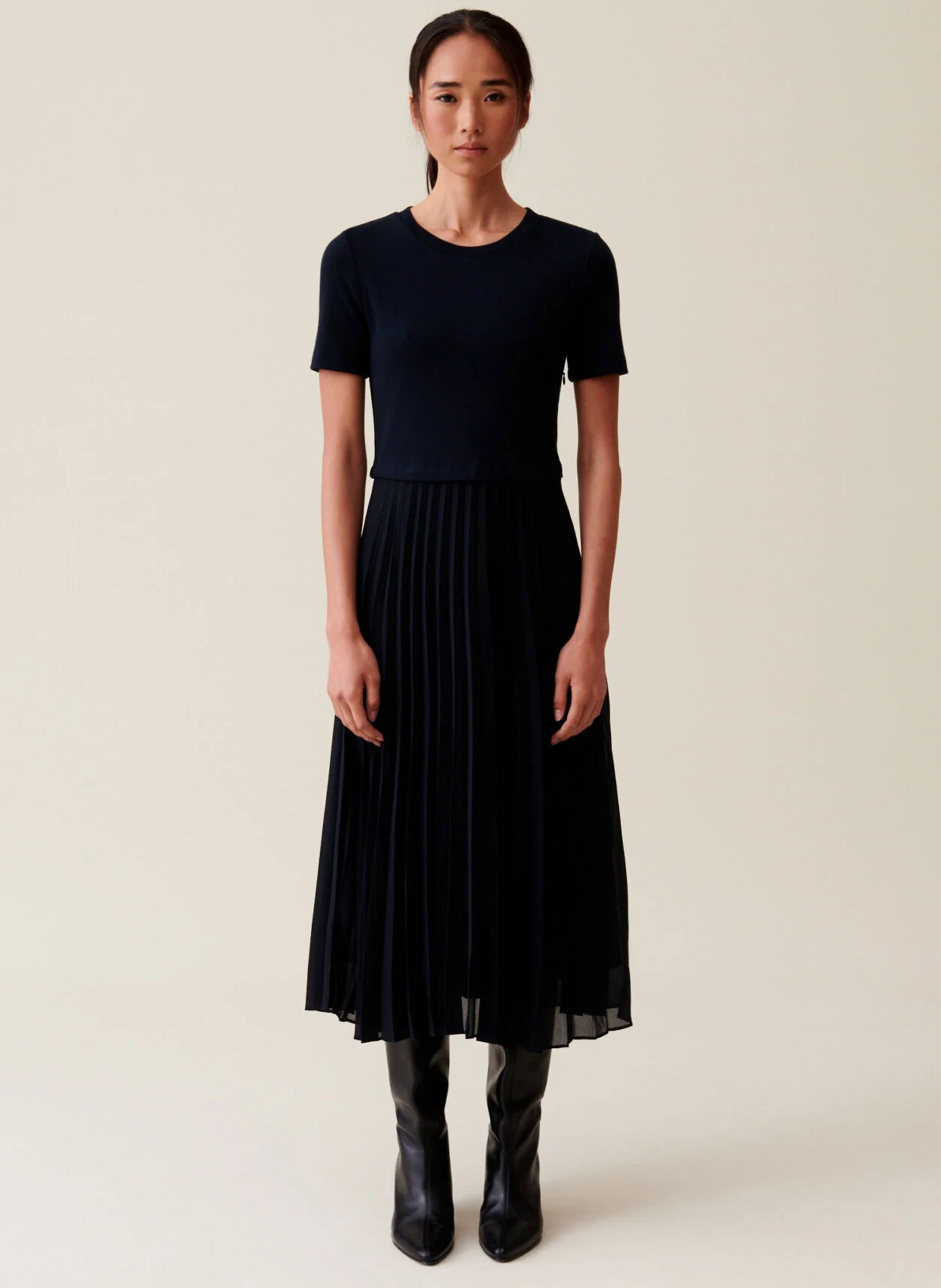 Robe longue col rond plissée Marine Claudie Pierlot - Femme