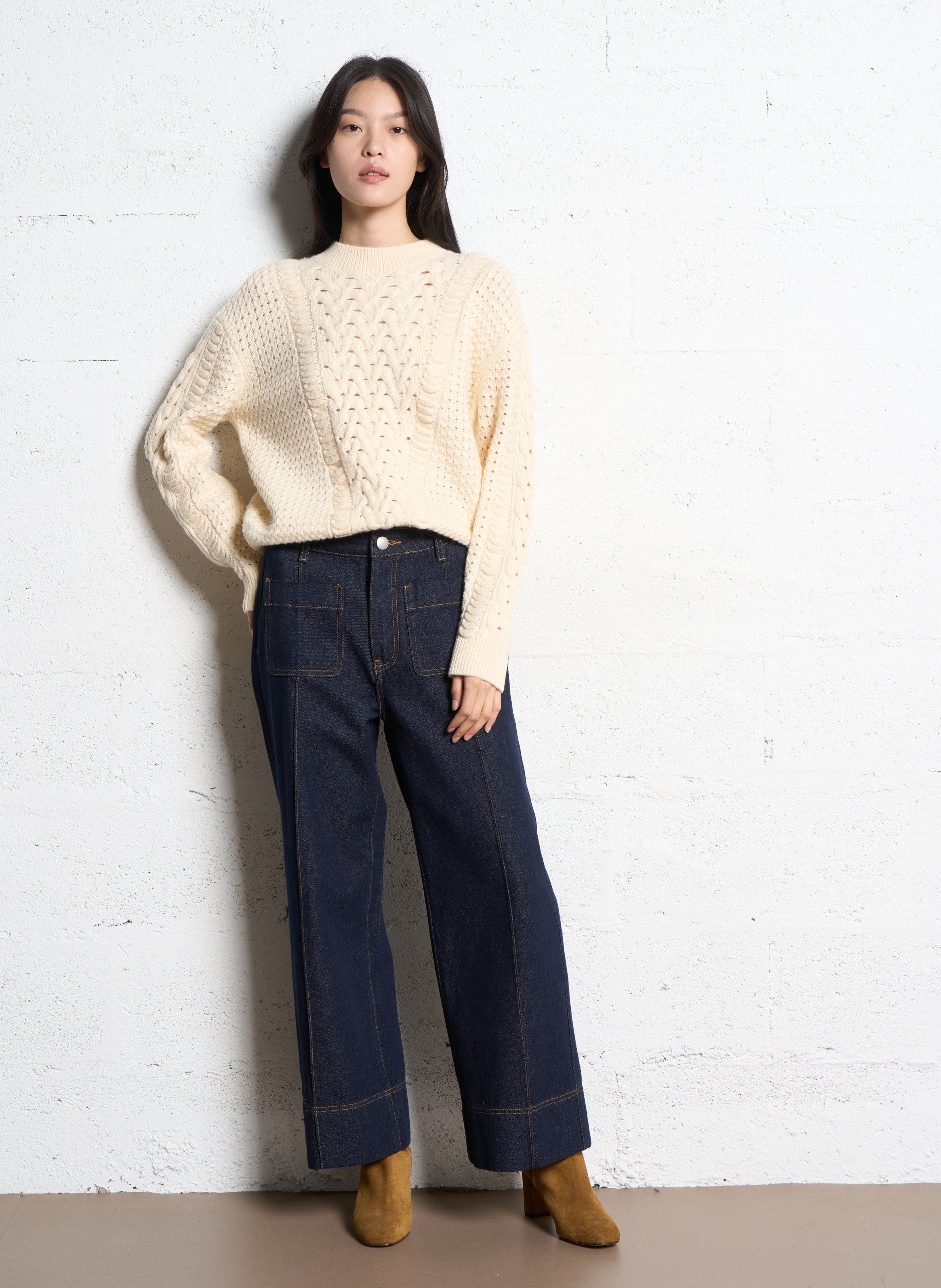 Jean taille haute large en denim brut SUNCOO Bleu