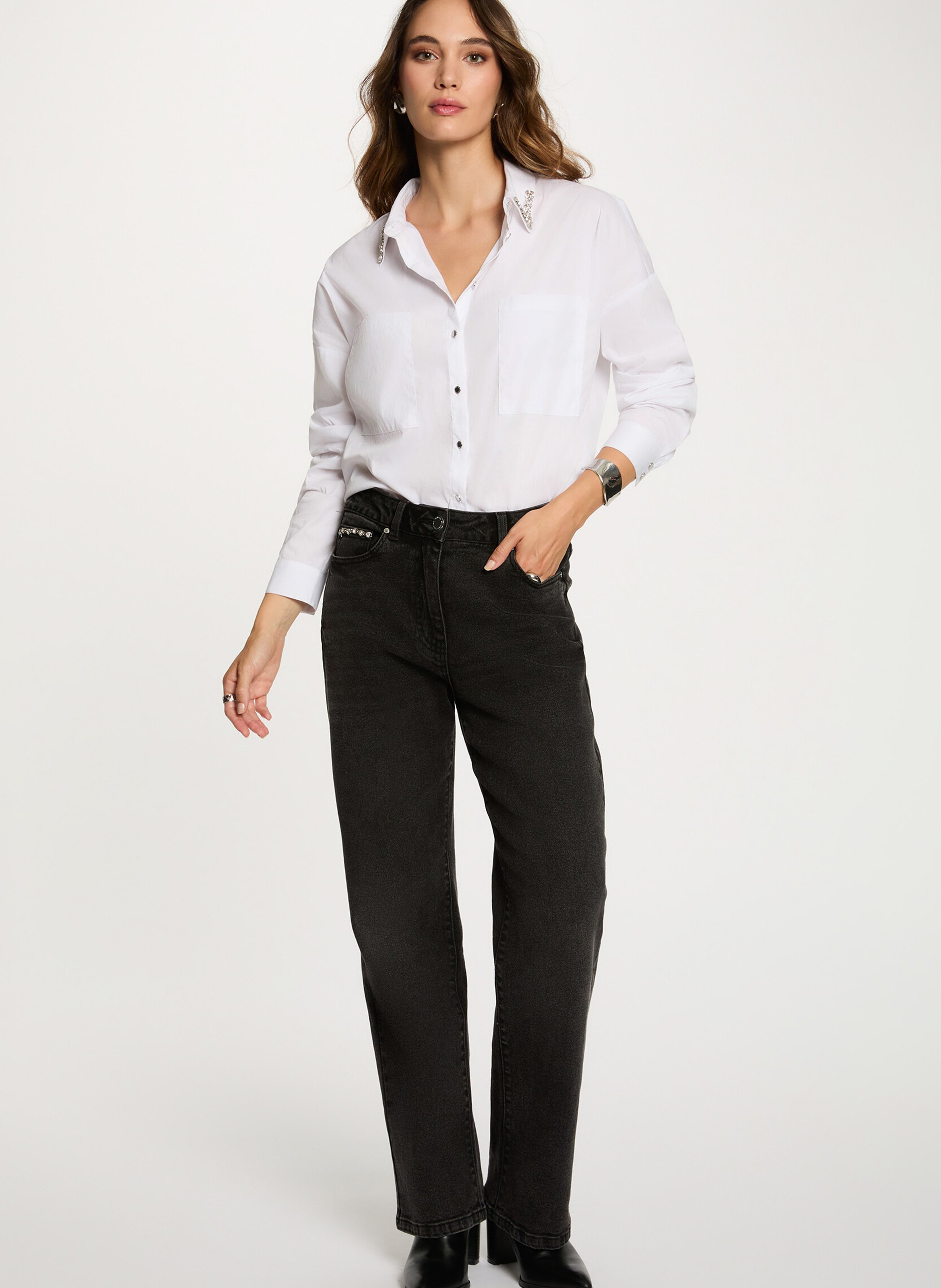 Blouse met klassieke kraag - katoenblend MORGAN Wit