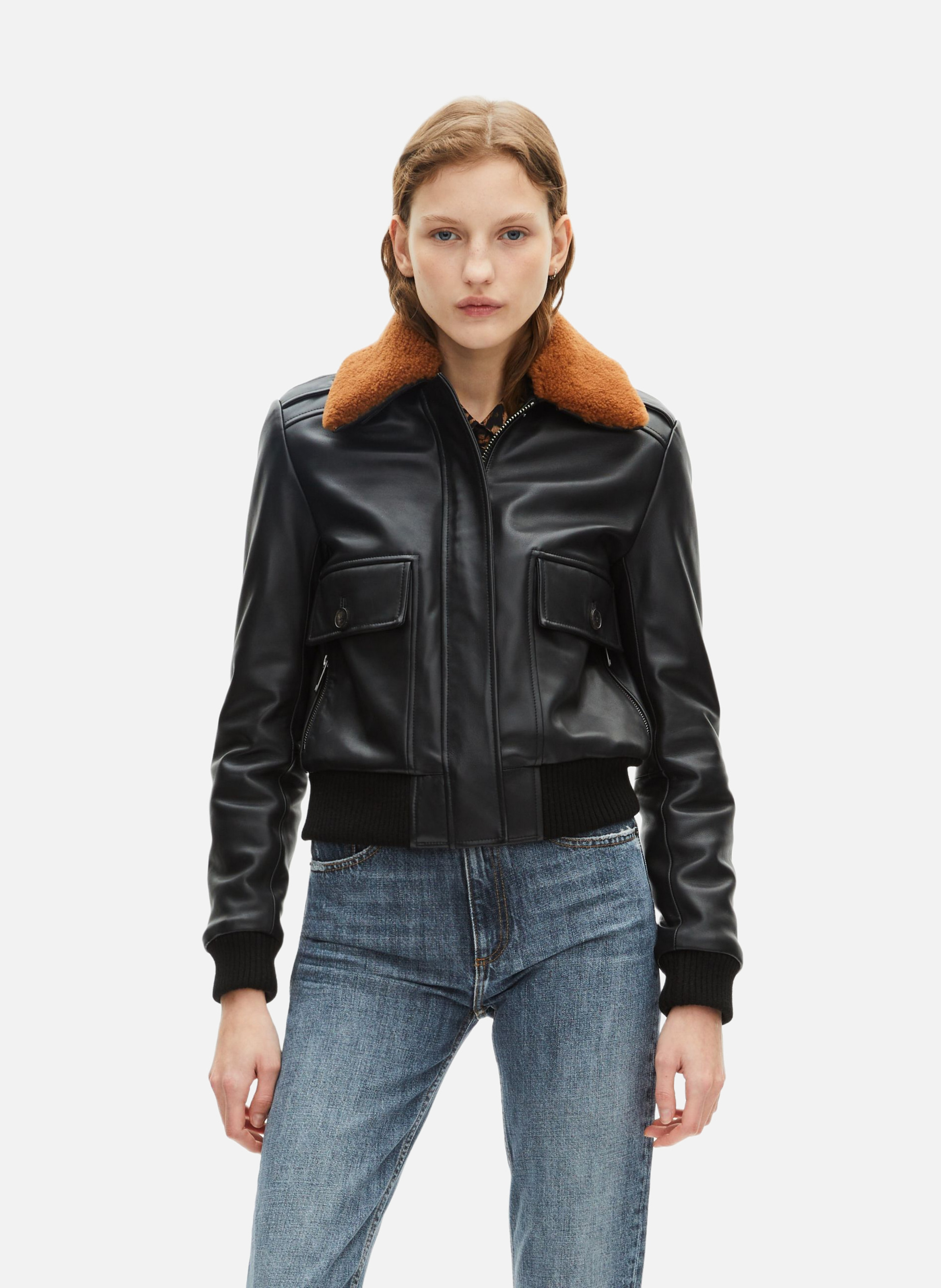 Leather jacket with sherpa collar THE KOOPLES Black