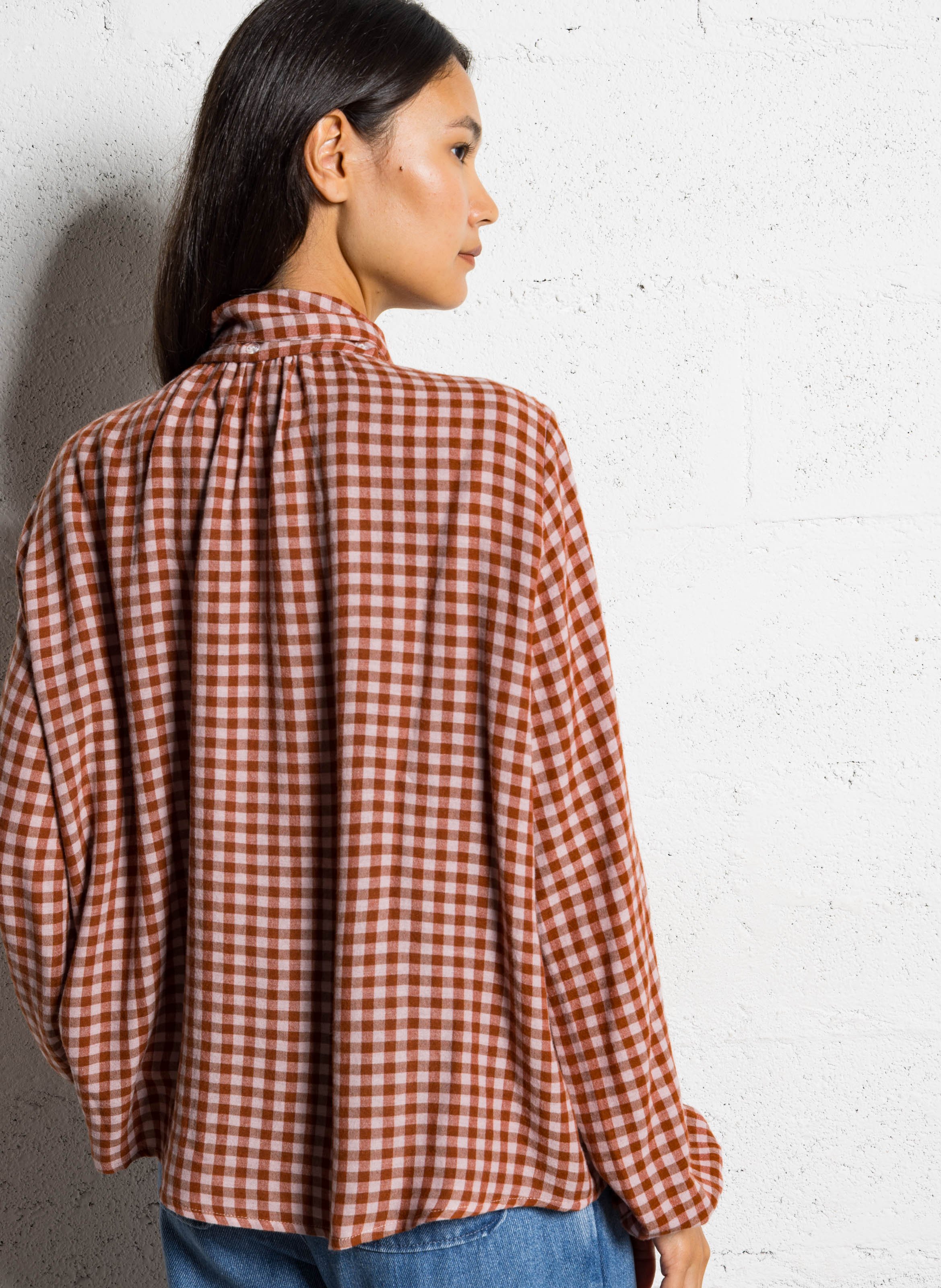 Checkered bow tie collar blouse DES PETITS HAUTS Red