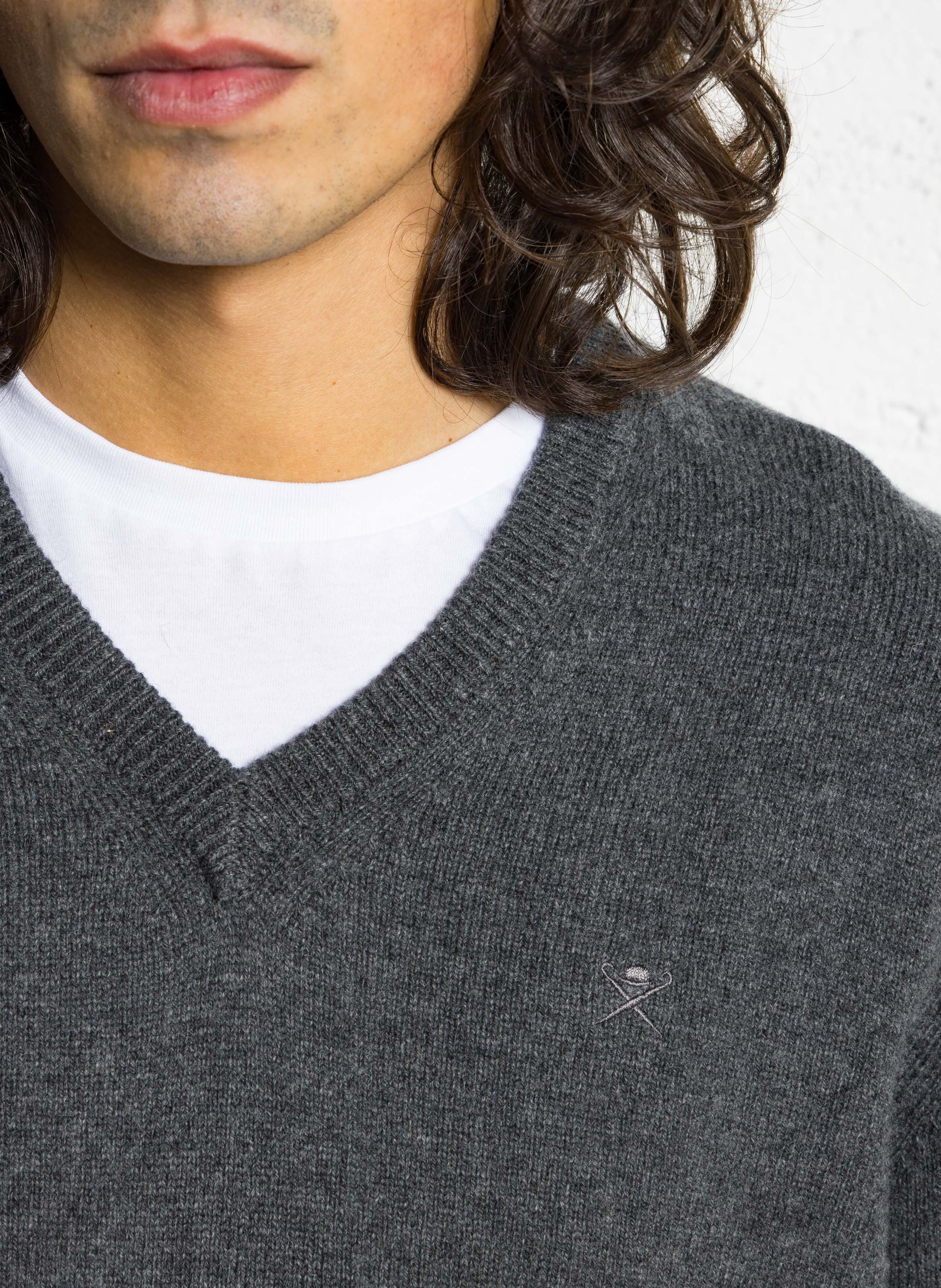 Einfarbiges Woll-V-Ausschnitt-Pullover HACKETT Grau