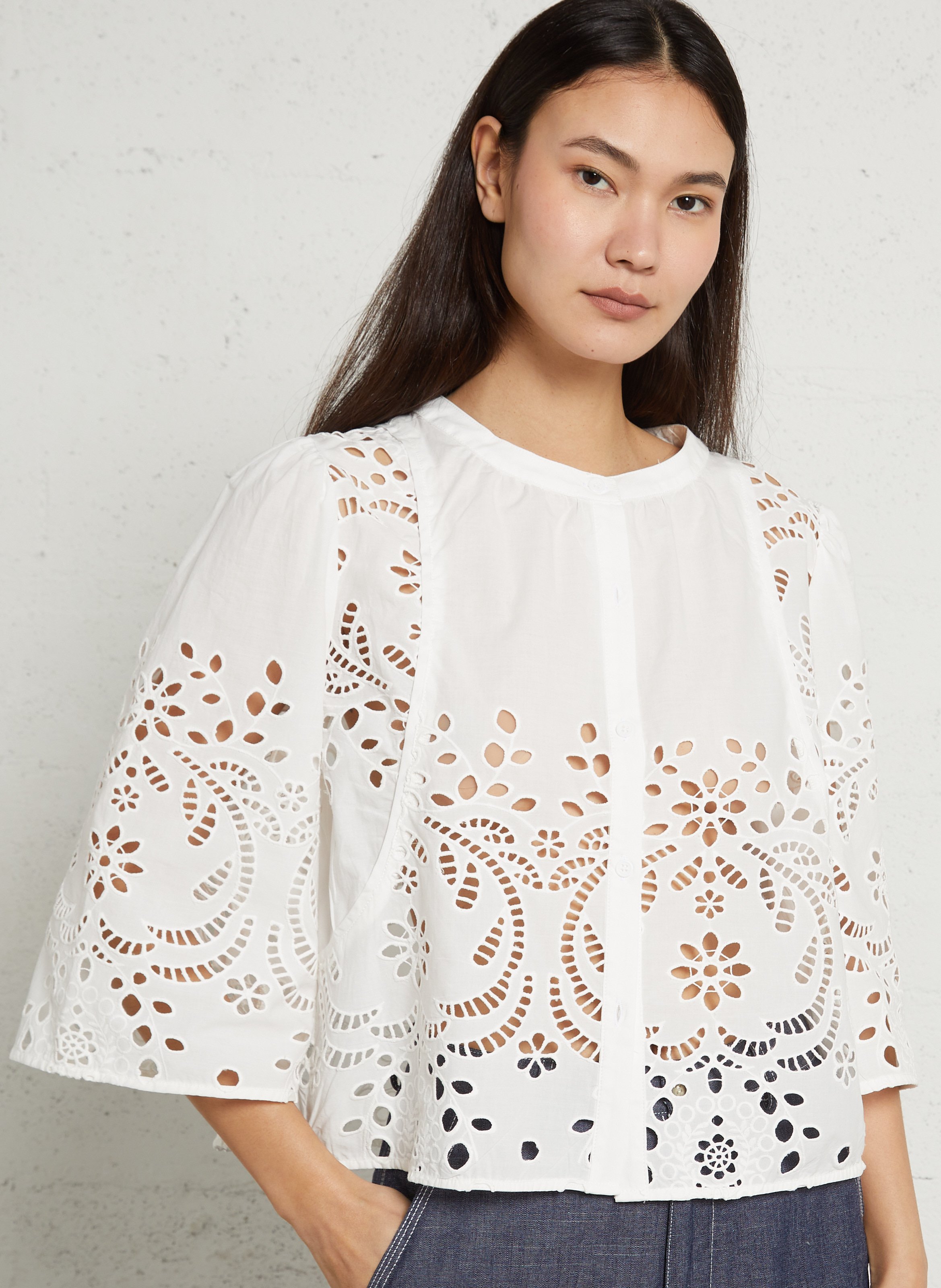 Bestickte Baumwollbluse mit Rundhalsausschnitt SEE U SOON Weiss