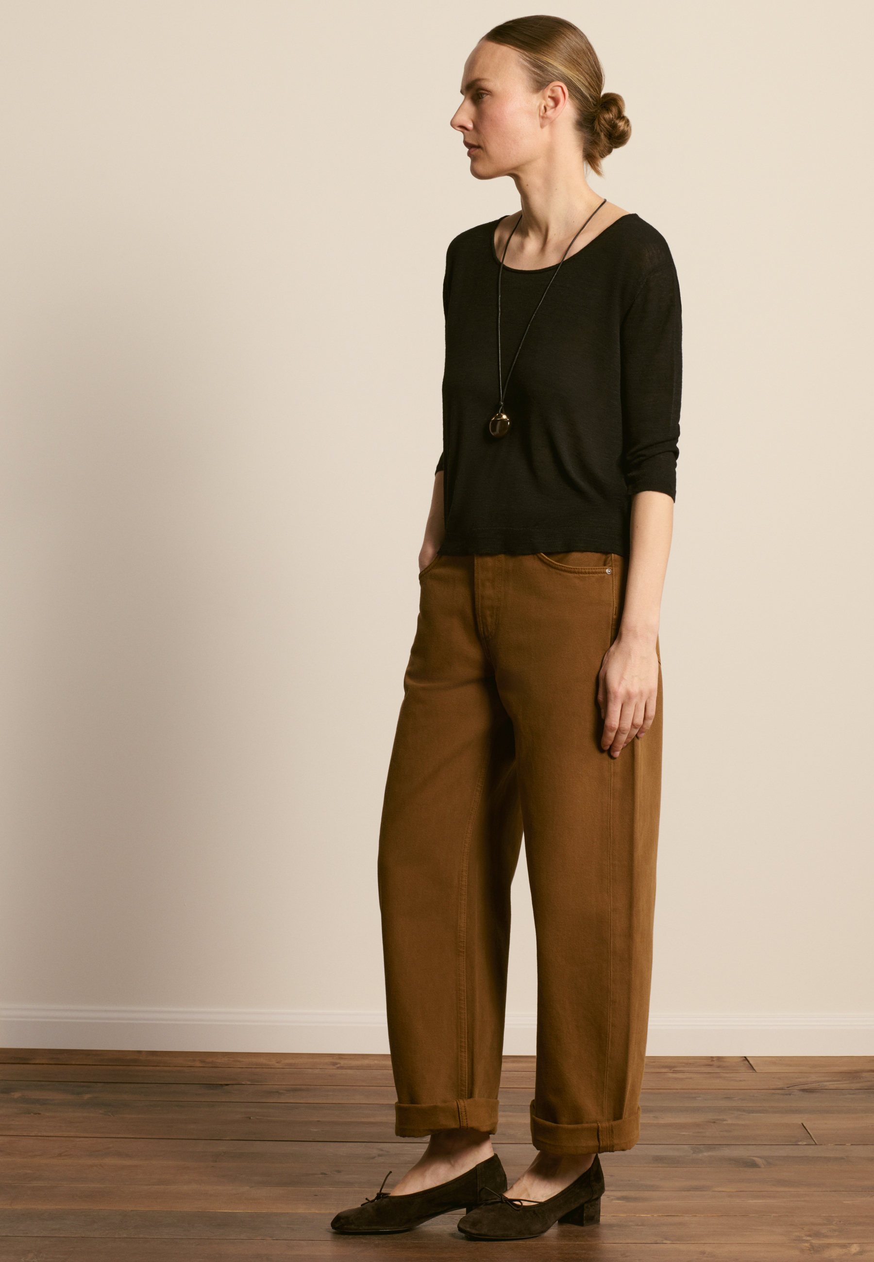 T-shirt col rond manches coudes en lin flammé MAISON MONTAGUT Noir