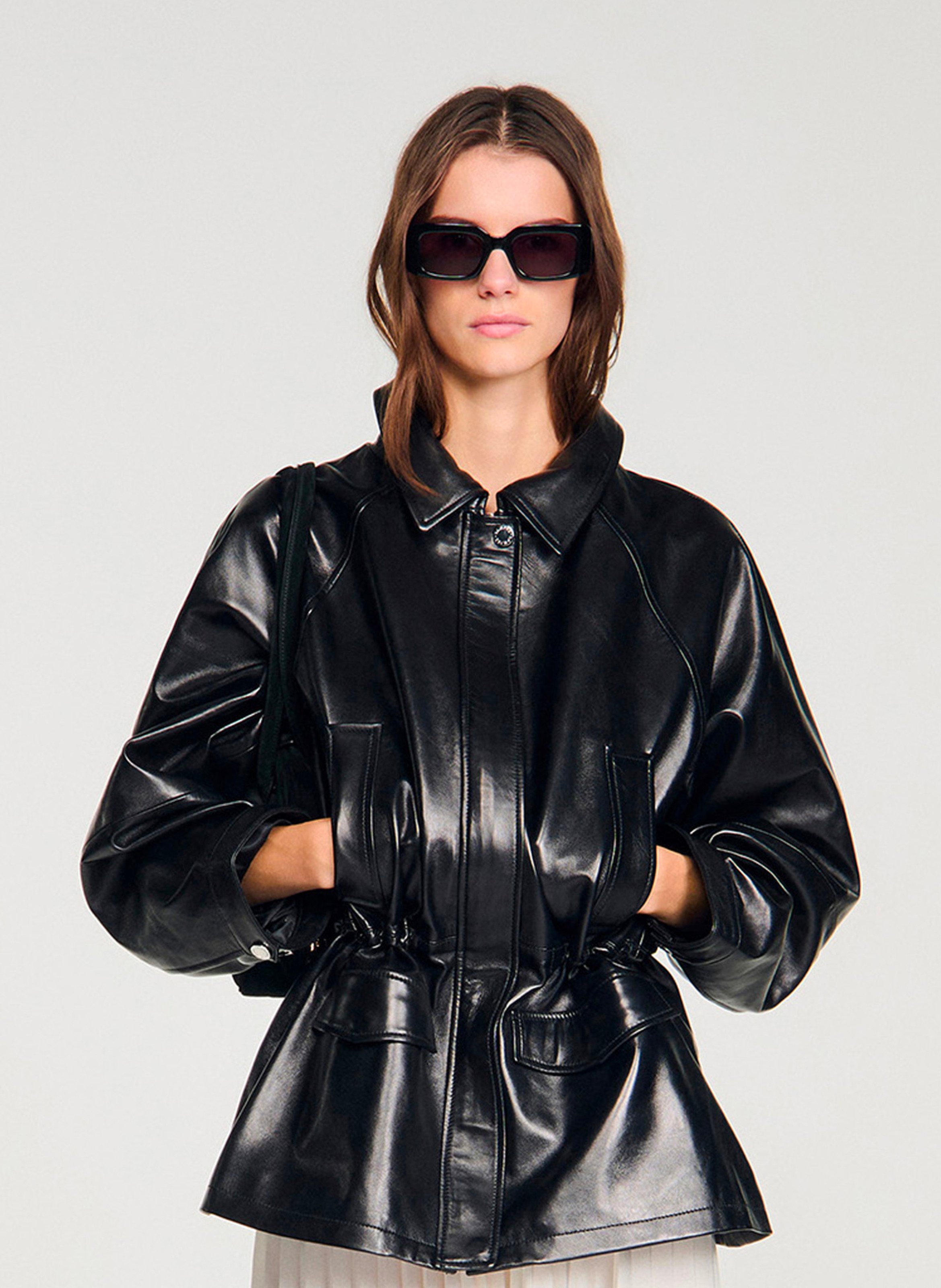 Lambskin leather jacket with classic collar SANDRO Black