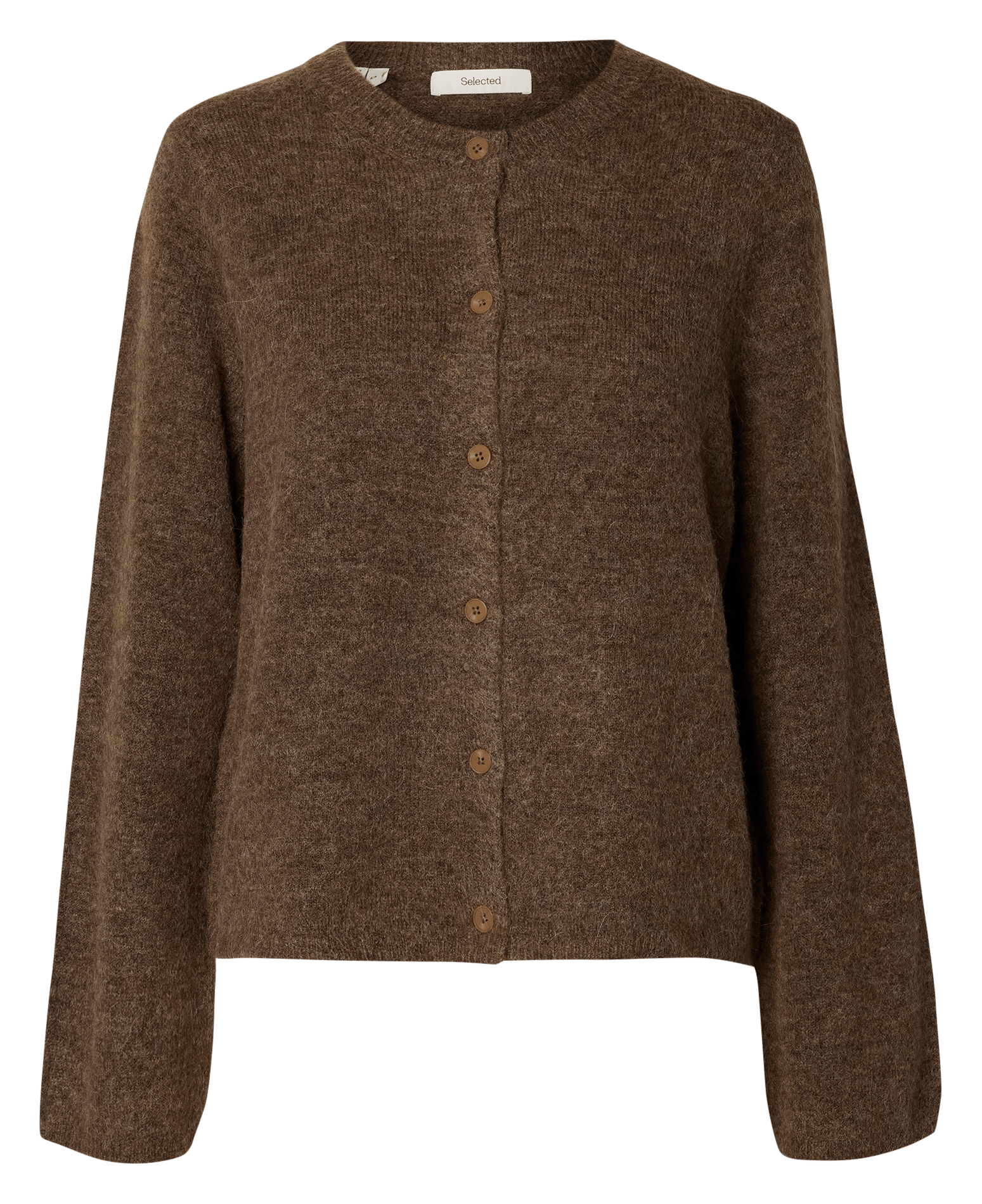 Round-neck mixed-knit cardigan | Brown SELECTED Women