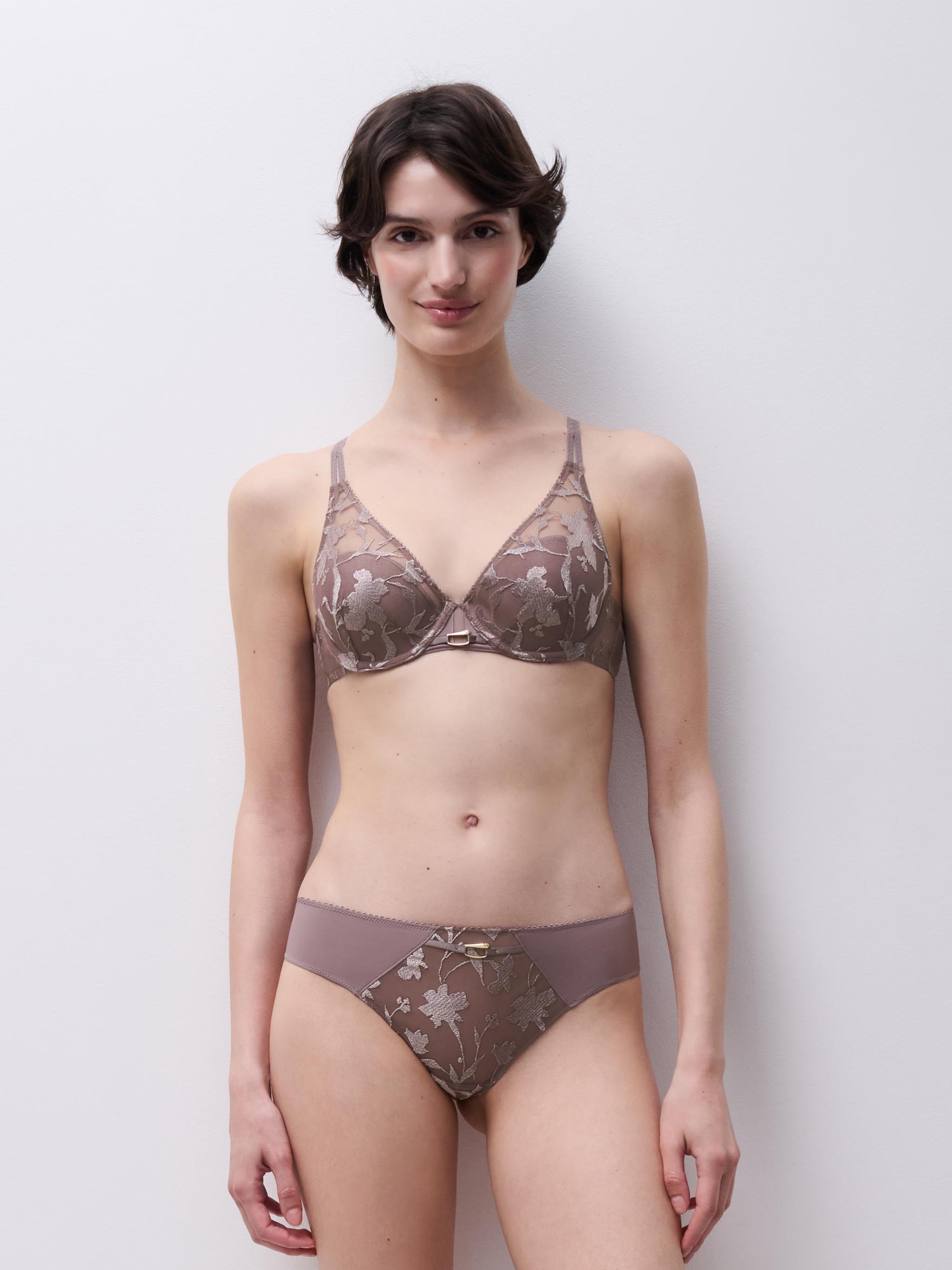 Plunging spacer bra with floral embroidery. CHANTELLE Brown
