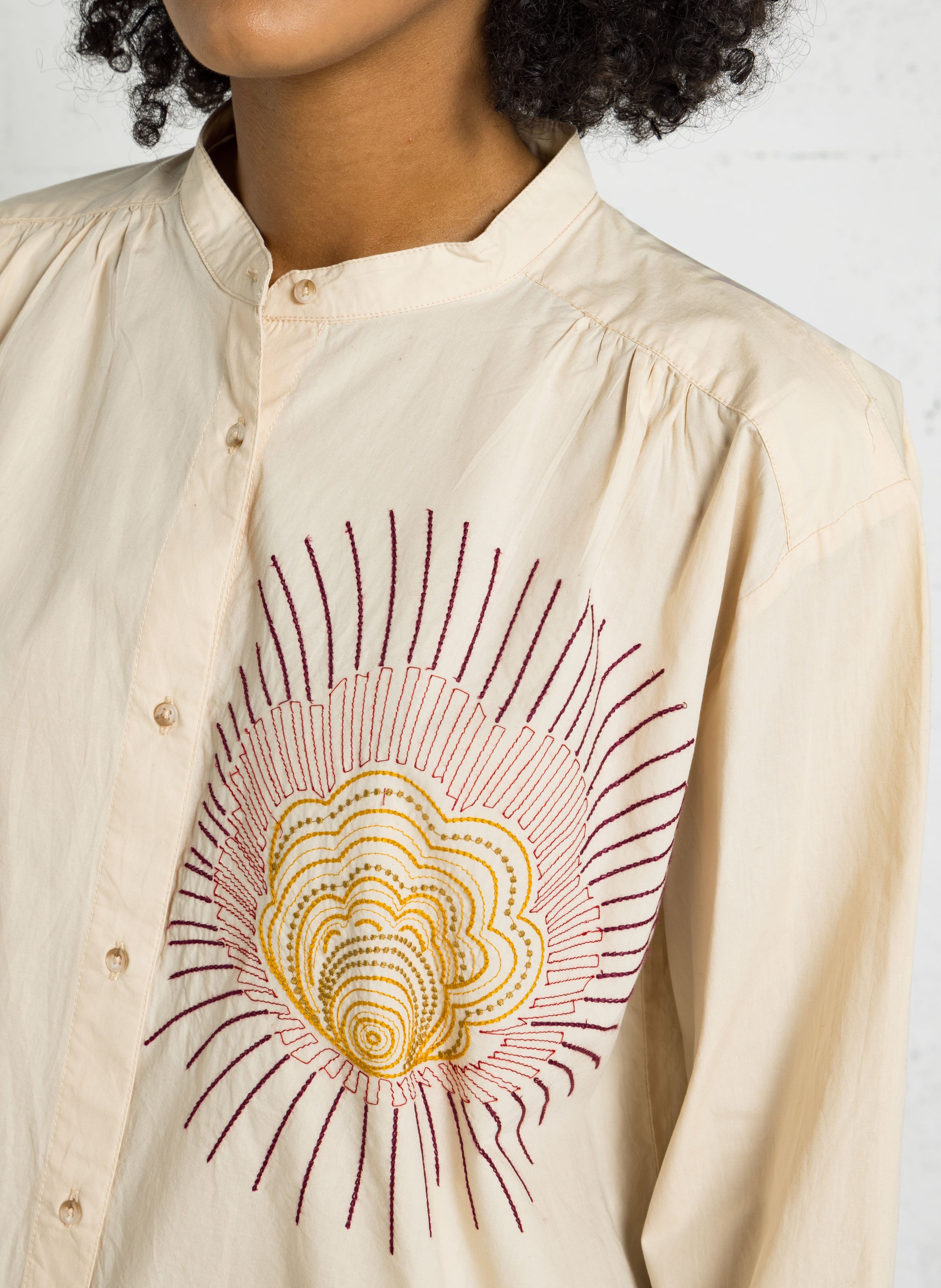 Straight printed organic cotton round-neck blouse SACRECOEUR Beige