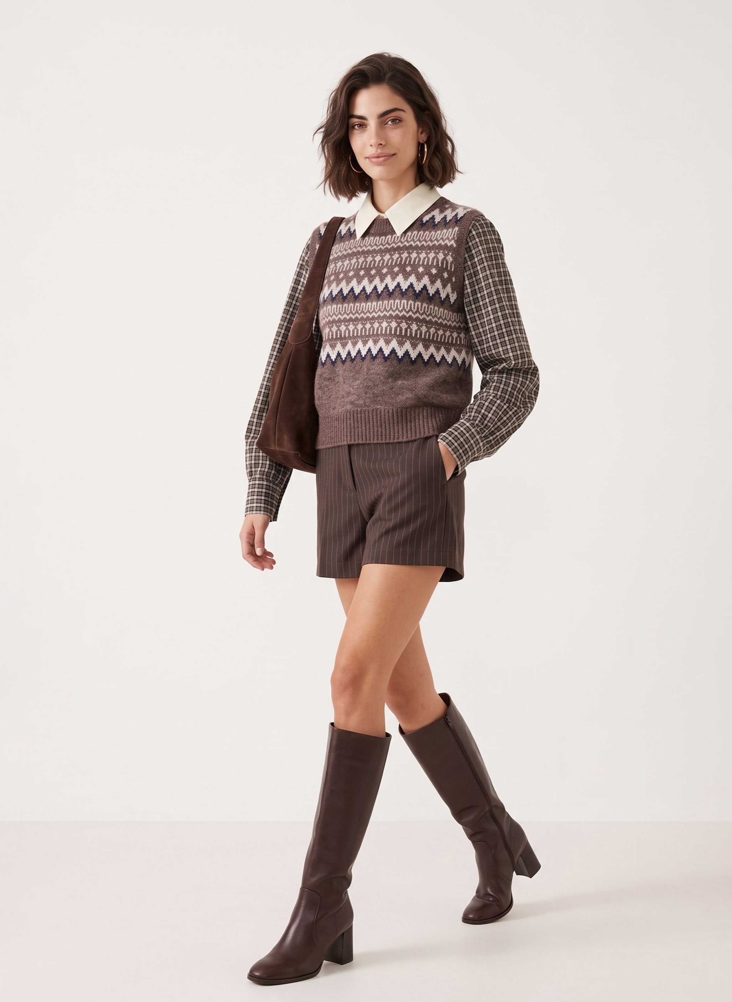 Chemise droite courte col classique à carreaux en coton KOOKAI Marron